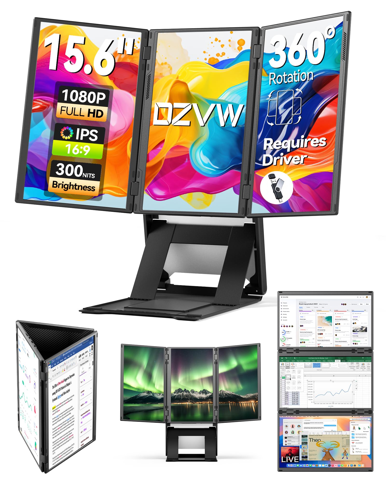 Triple Laptop Screen Extender, 15.6" FHD 1080P Quad Monitor