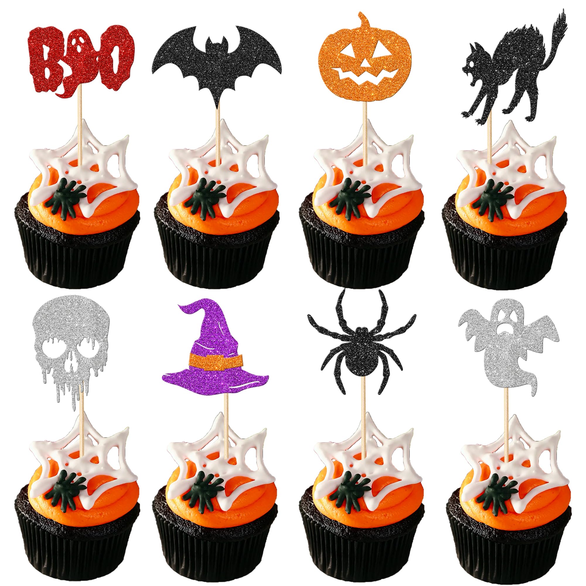 SYKYCTCY 32 Pack Halloween Cupcake Toppers Glitter Bat Spider Pumpkin Ghost Cupcake Picks for Baby Shower Kids Birthday Party Halloween Theme Party Cupcake Decoration Supplies