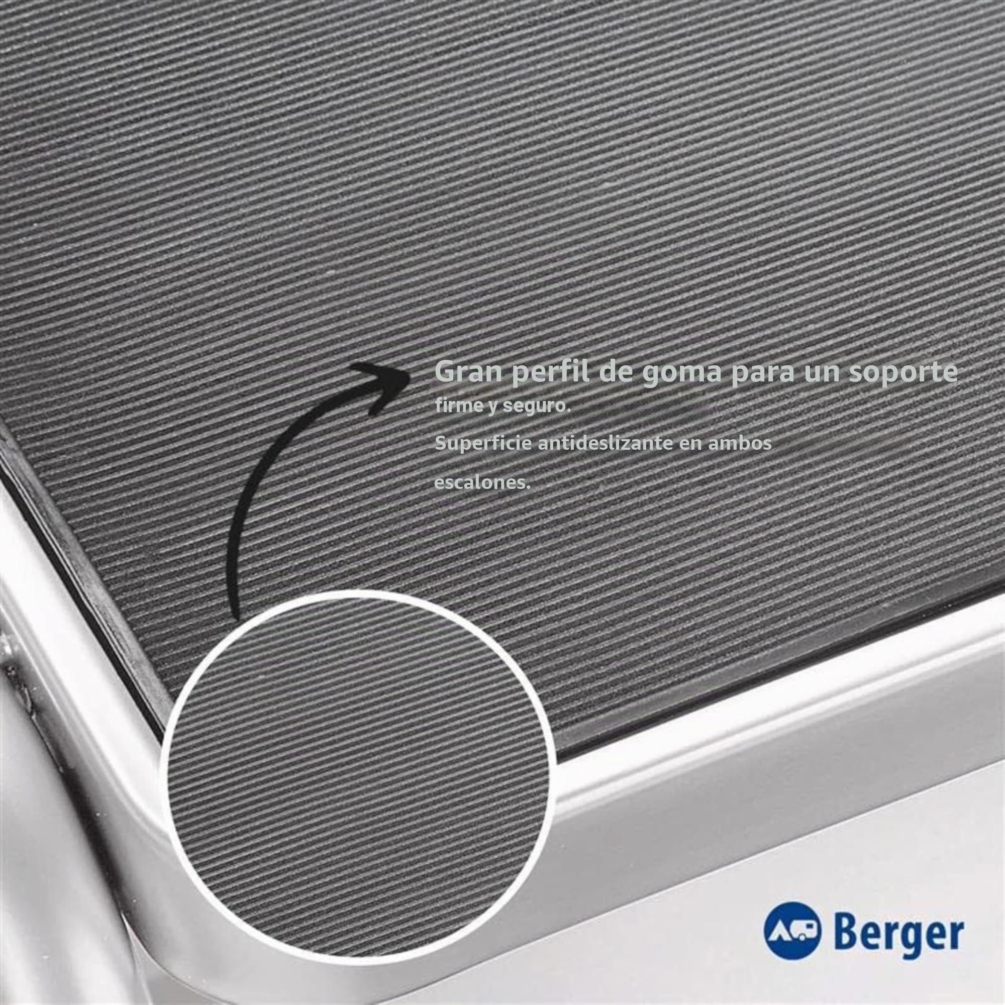 BERGER | Escalera Dos peldaños, Taburete 2 peldaños para Caravana, Peldaño Caravana, Escalon Autocaravana y Caravana, Taburete de Acero Plata/Negro escalón Antideslizante y Resistente