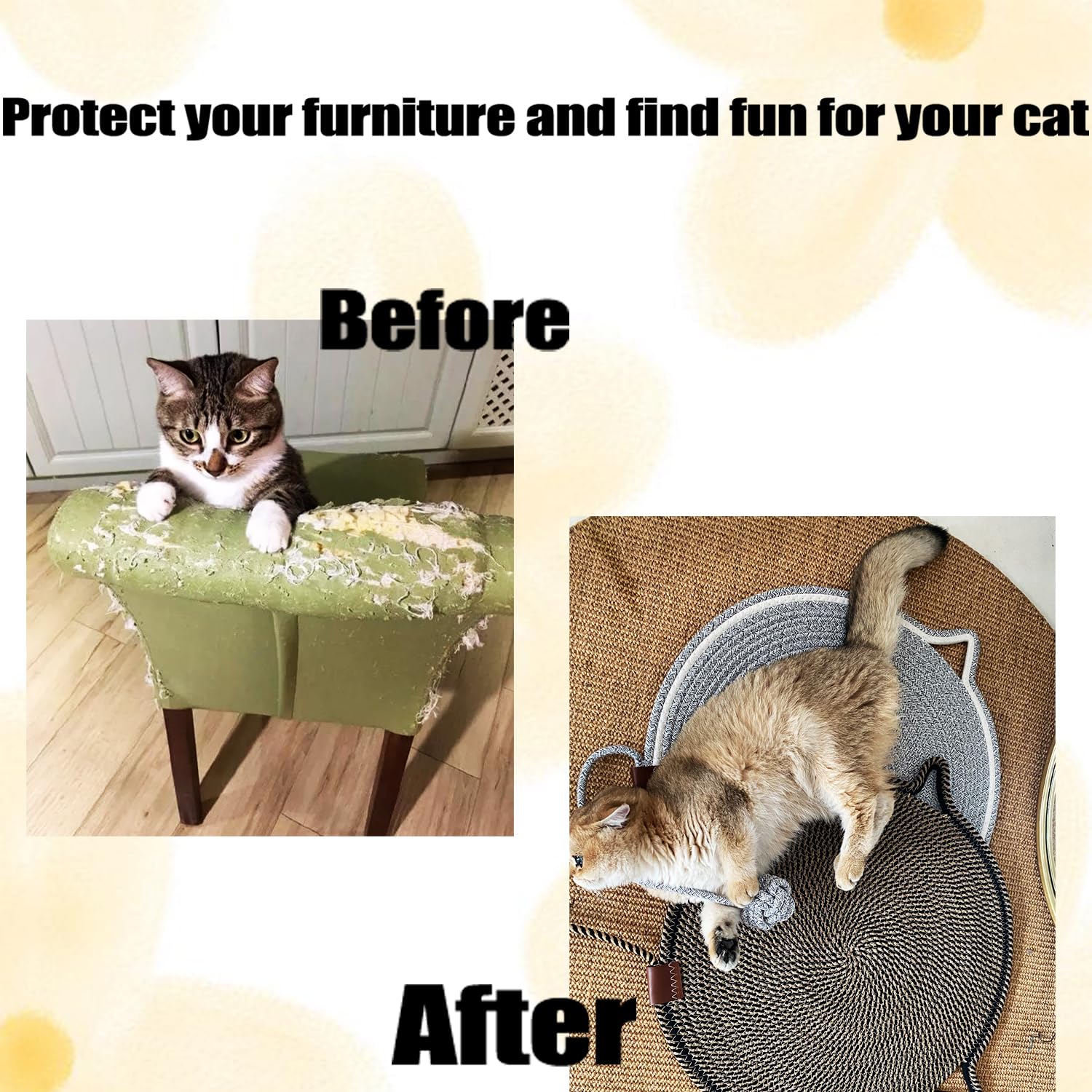 Paquete de 2 alfombrillas grandes para rascar gatos, almohadillas de cuerda de algodón natural con juguete, almohadilla rascadora para gatos de 19.6 pulgadas, ideal para rayar, jugar, relajarse