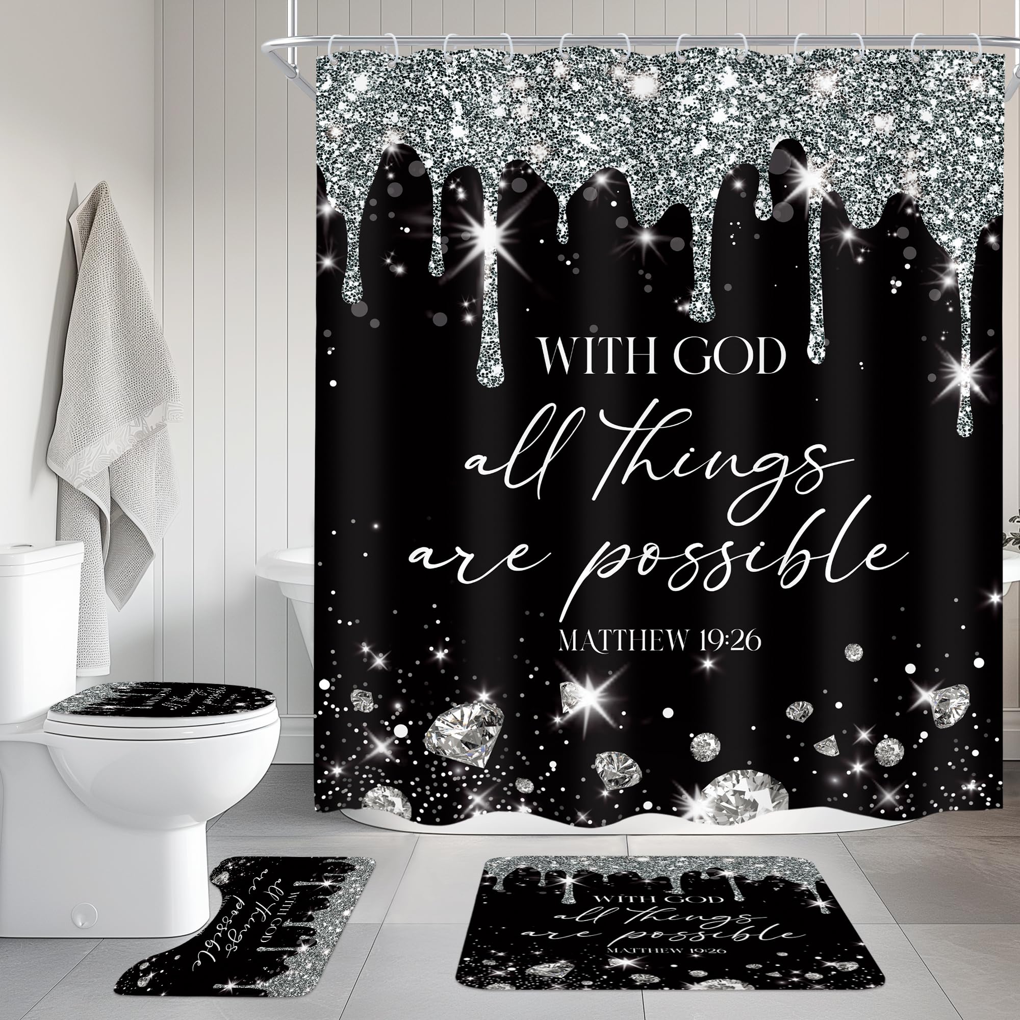 Newsely 4Pcs Black Silver Diamonds Quotes Shower Curtain Set with Non-Slip Rugs, Toilet Lid Cover and Bath Mat, Abstract Modern Shower Curtain with 12 Hooks, Bible Verse Curtain for Bathroom Decor