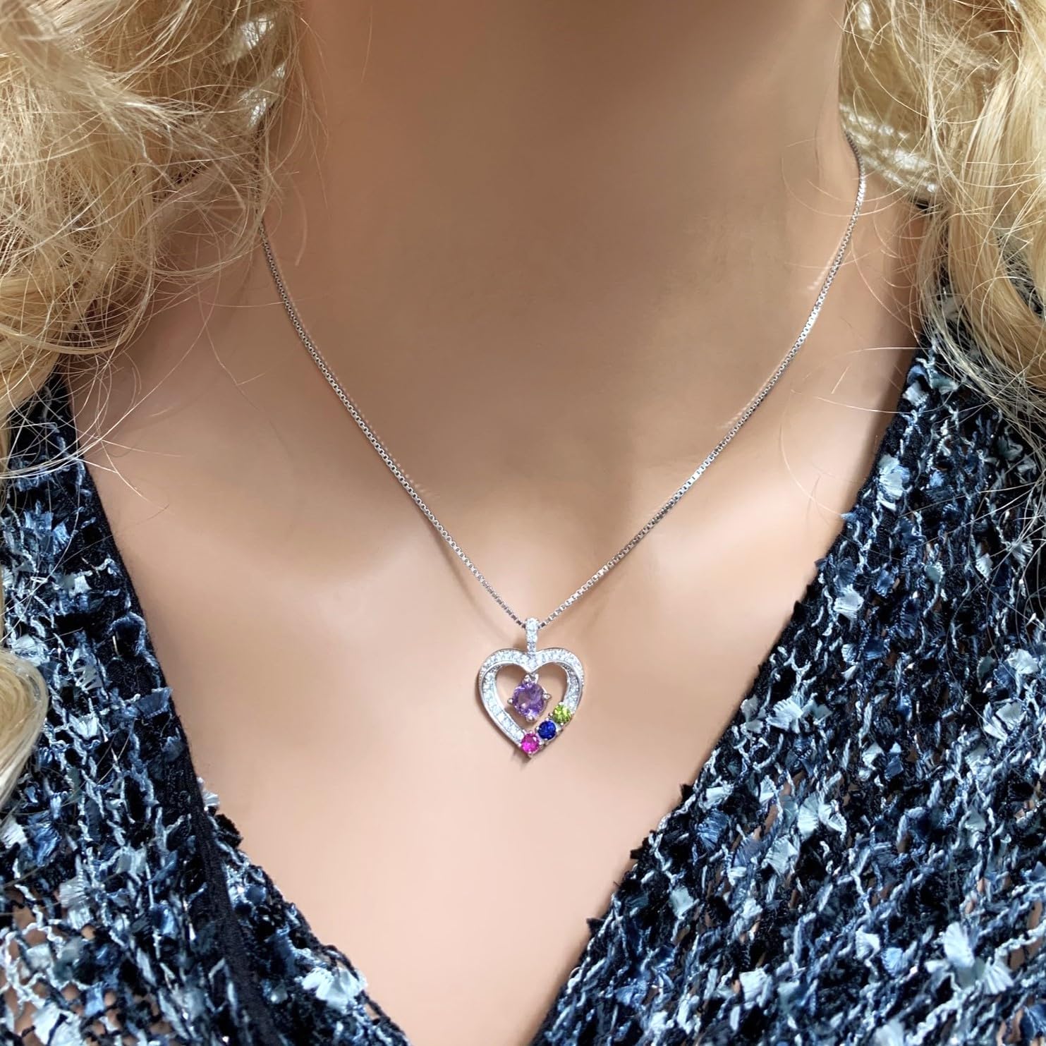 Central Diamond Center Mother & Child Heart Birthstone Necklace w/ 1-6 Simulated Gemstones in Sterling Silver, 10K, or 14K Gold