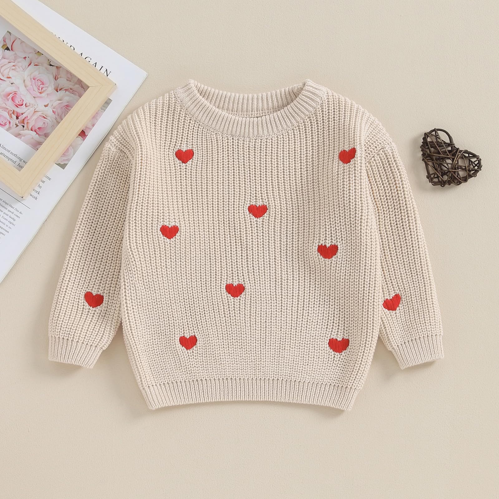 Toddler Baby Boy Girl Heart Knit Sweater Kids Infant Newborn Outfit (A Khaki Heart, 18-24 Months)