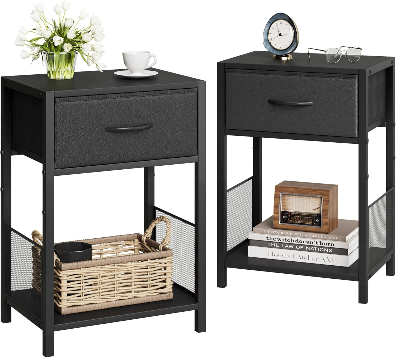 Black Nightstand Set of 2,End Table with Fabric Drawer,Side Table Set of 2,Storage Shelf,Bedside Table with Open Shelf,Sofa Table for Living Room,Bedroom,Small Space Black CTG70BK-2