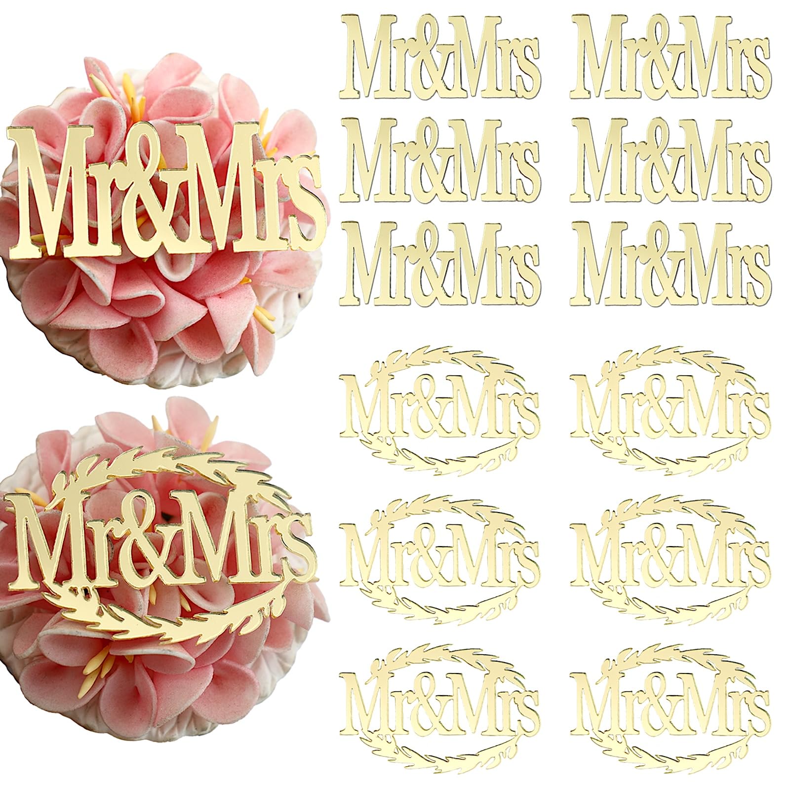 AIQI BAKES Mr & Mrs Gold Mirror Acrylic Cupcake Toppers 12pc