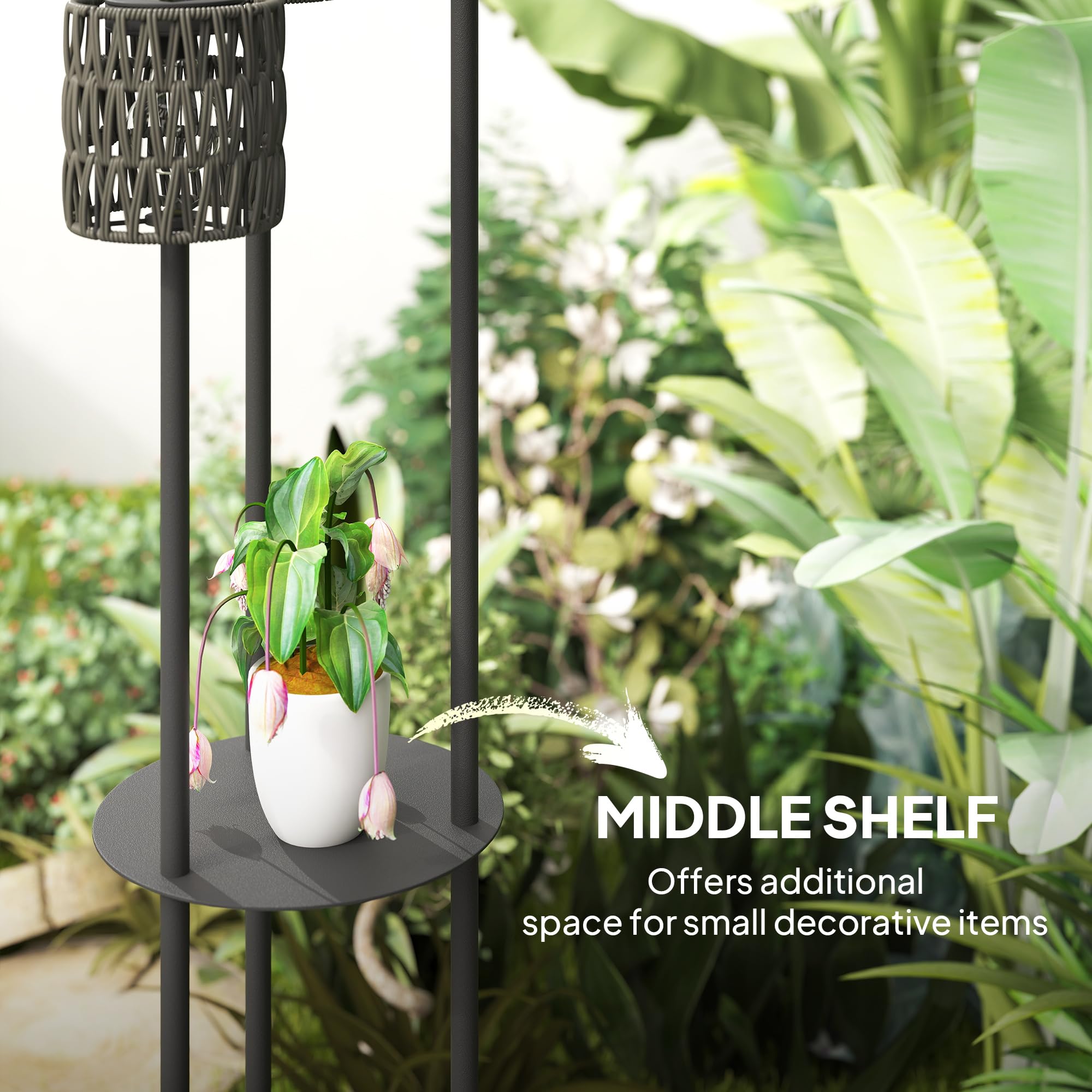 Outsunny Lámpara de pie de ratán bohemia, lámpara de ratán de 3 luces con estante, luz solar de jardín independiente con luces de encendido/apagado automático, IP44 impermeable para porche, camino