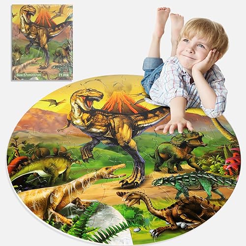 Rompecabezas de suelo para niños de 4 a 8 años, rompecabezas grande de dinosaurio de 71 piezas para niños de 4 a 8 años, rompecabezas redondos para