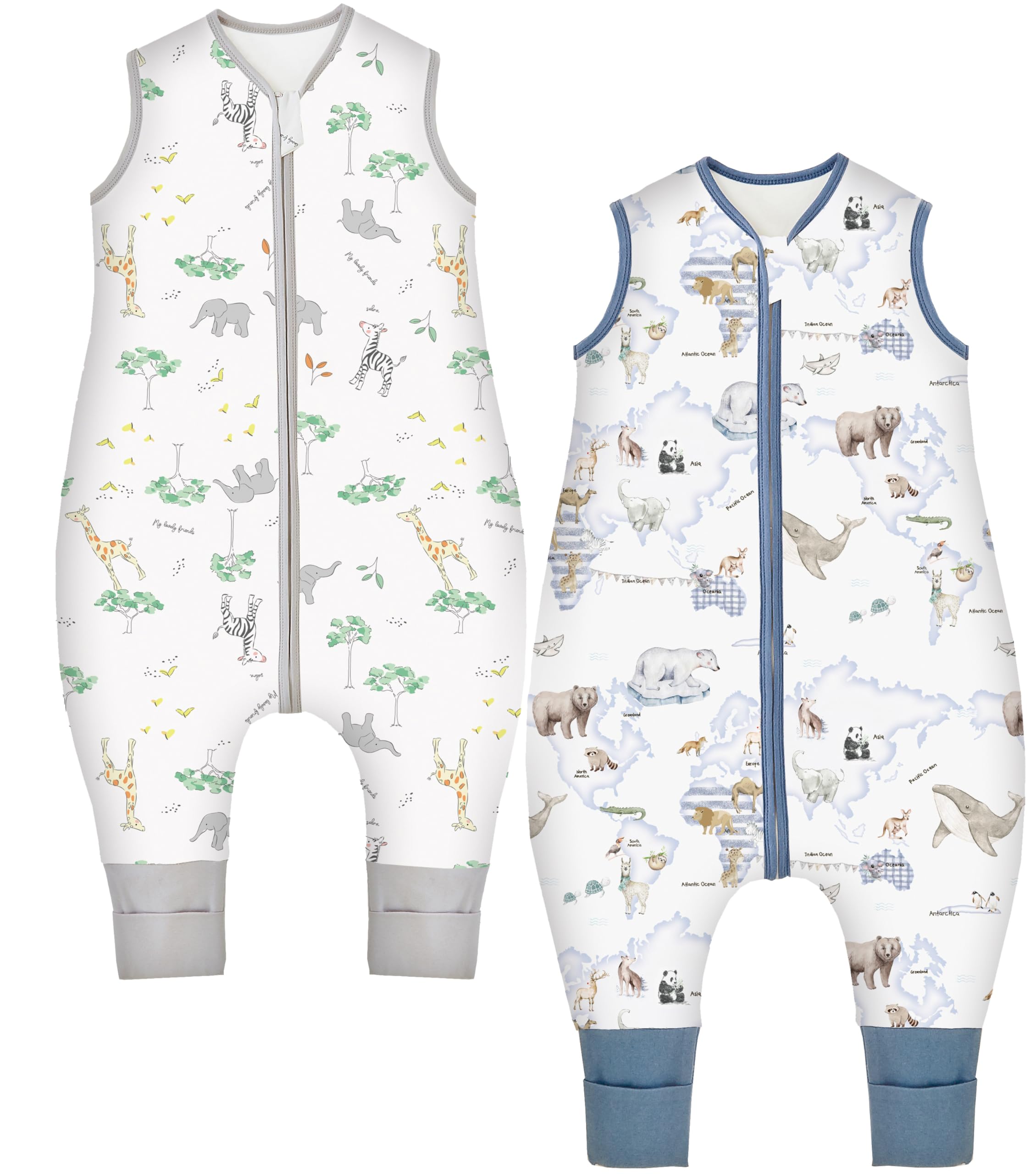 Chilsuessy Baby Schlafsack mit Füßen 2er Pack 2.5 Tog Kinder Ganzjahres Schlafsack Warm Baby Schlafsack mit Beinen Winter, 2.5 Tog/Giraffenwald + Tierkarte, 100cm/Baby Höhe 105-120cm