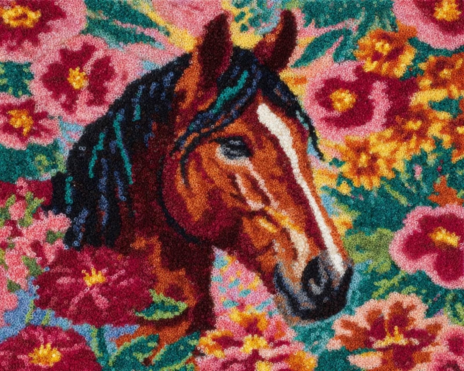 Wallphantom 002 Latch Hook Kits Rugs,Horses And Flowers,Handmade Self Knotting Set,Tapestry Kits For Adults,Cushion Latch Hook Rug Pre-Printed Pattern Craft For Adults,80X115cm