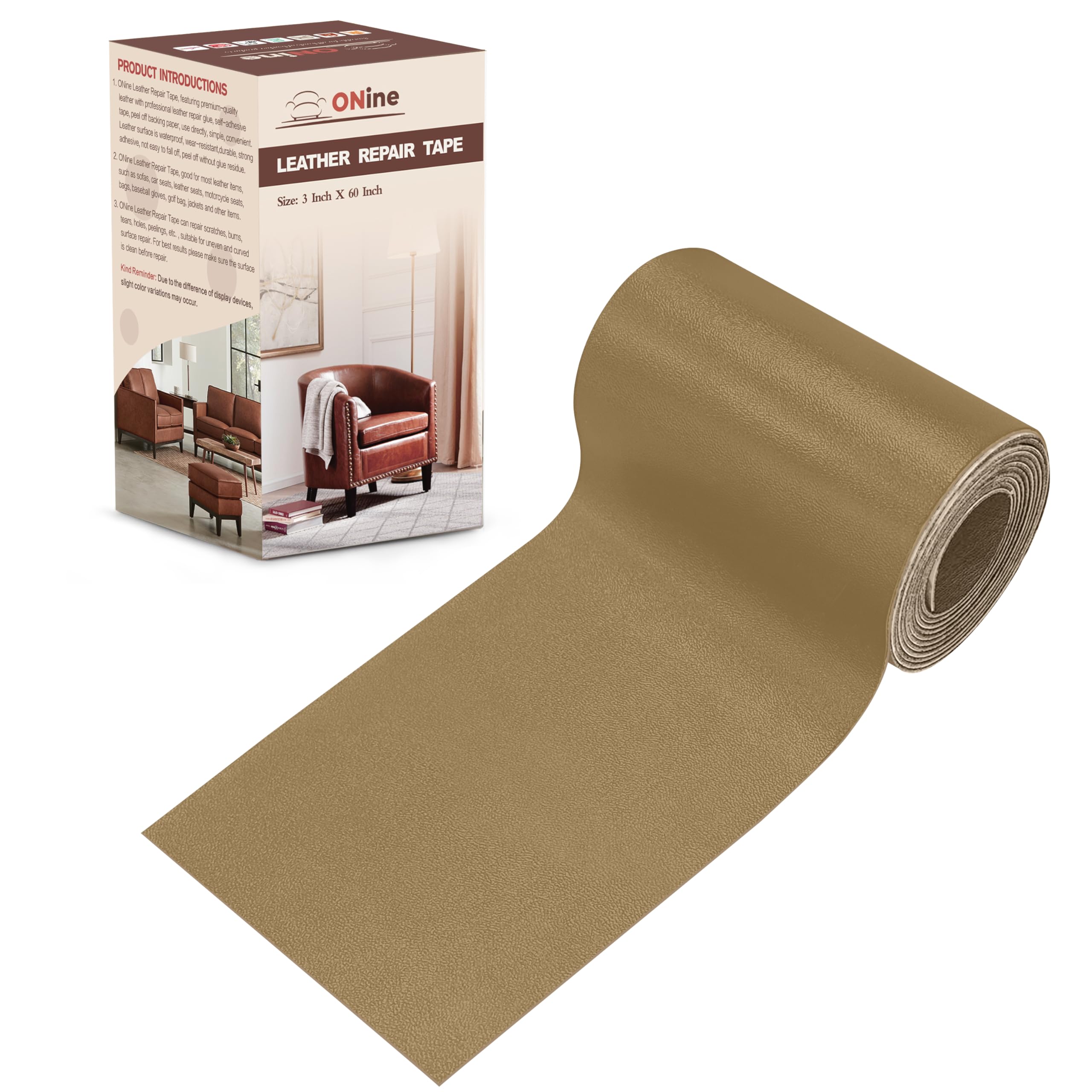 ONine Leather Repair Patch，Leather Repair Tape, 3 x 60 inches Leather Repair Patch for Furniture,Sofas, Office Chair,car Seats,Vinyl Repair Kit(Grey Khaki)