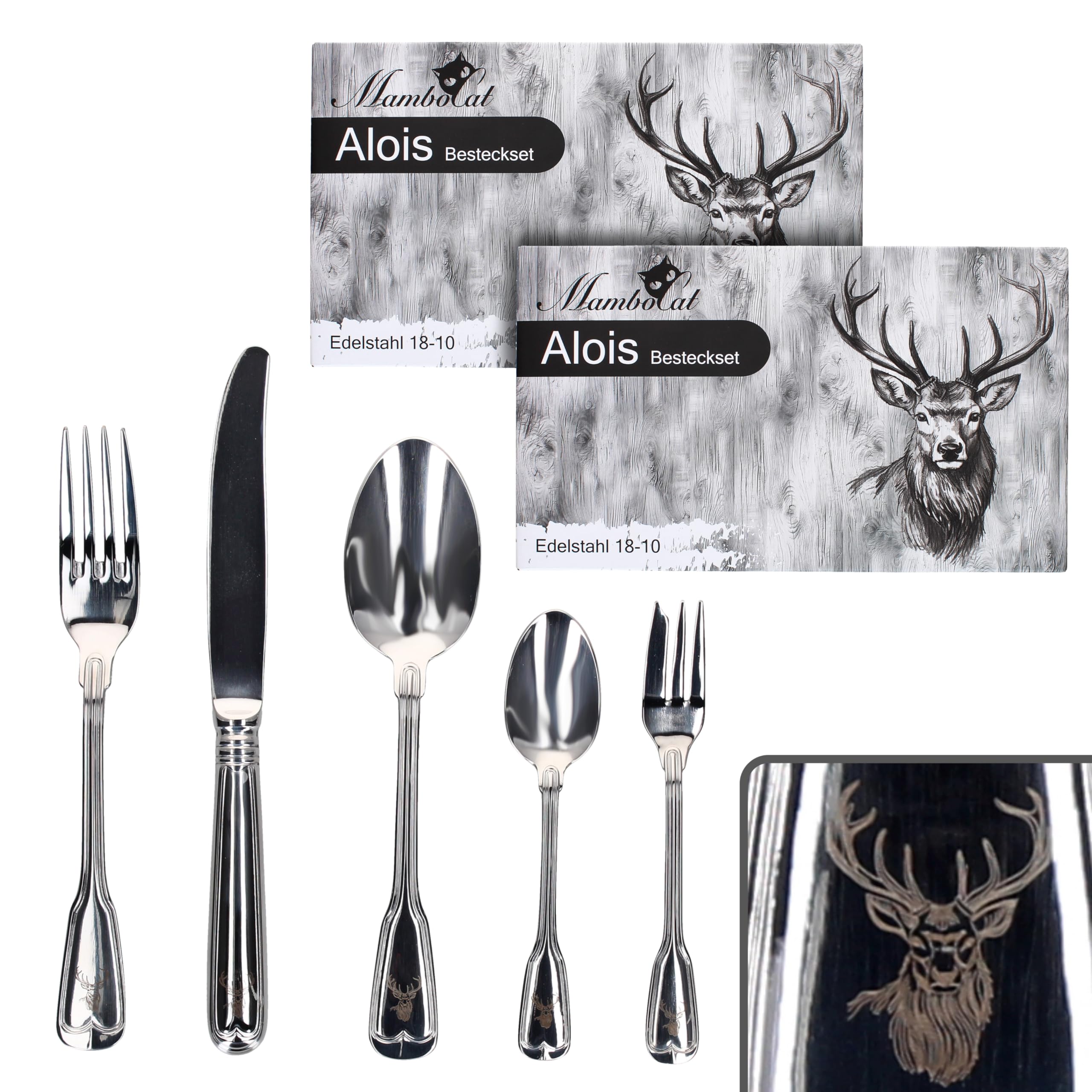 MamboCat Alois 60tlg Komplett-Besteck-Set I für 12 Personen I Augsburger Faden mit Hirsch-Design I aus rostfreiem poliertem 18/10 Edelstahl & Klingenstahl I Gabel, Messer & Löffel