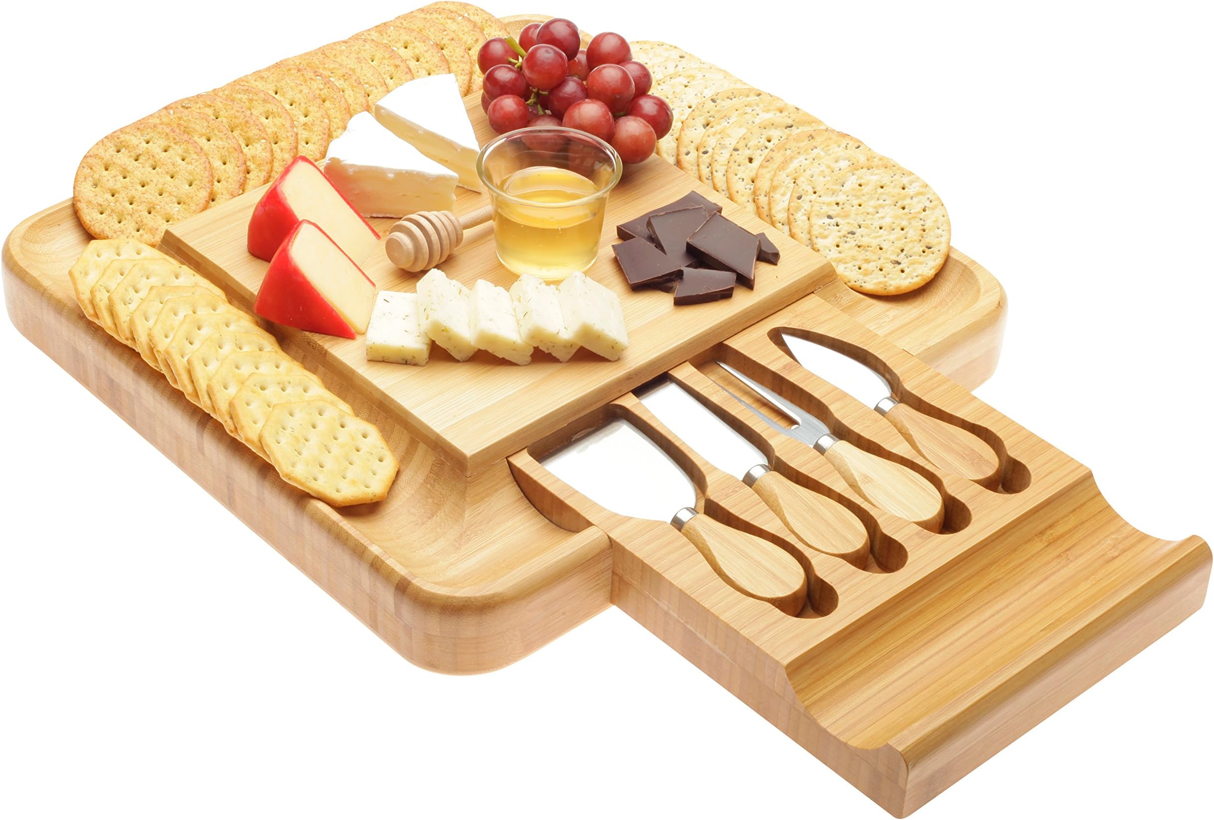 Bamboo Cheese Board with Cutlery Knife Set, Wood Platter and Serving Tray with Slide-Out Drawer with 4 Stainless Steel Knife and Server Set