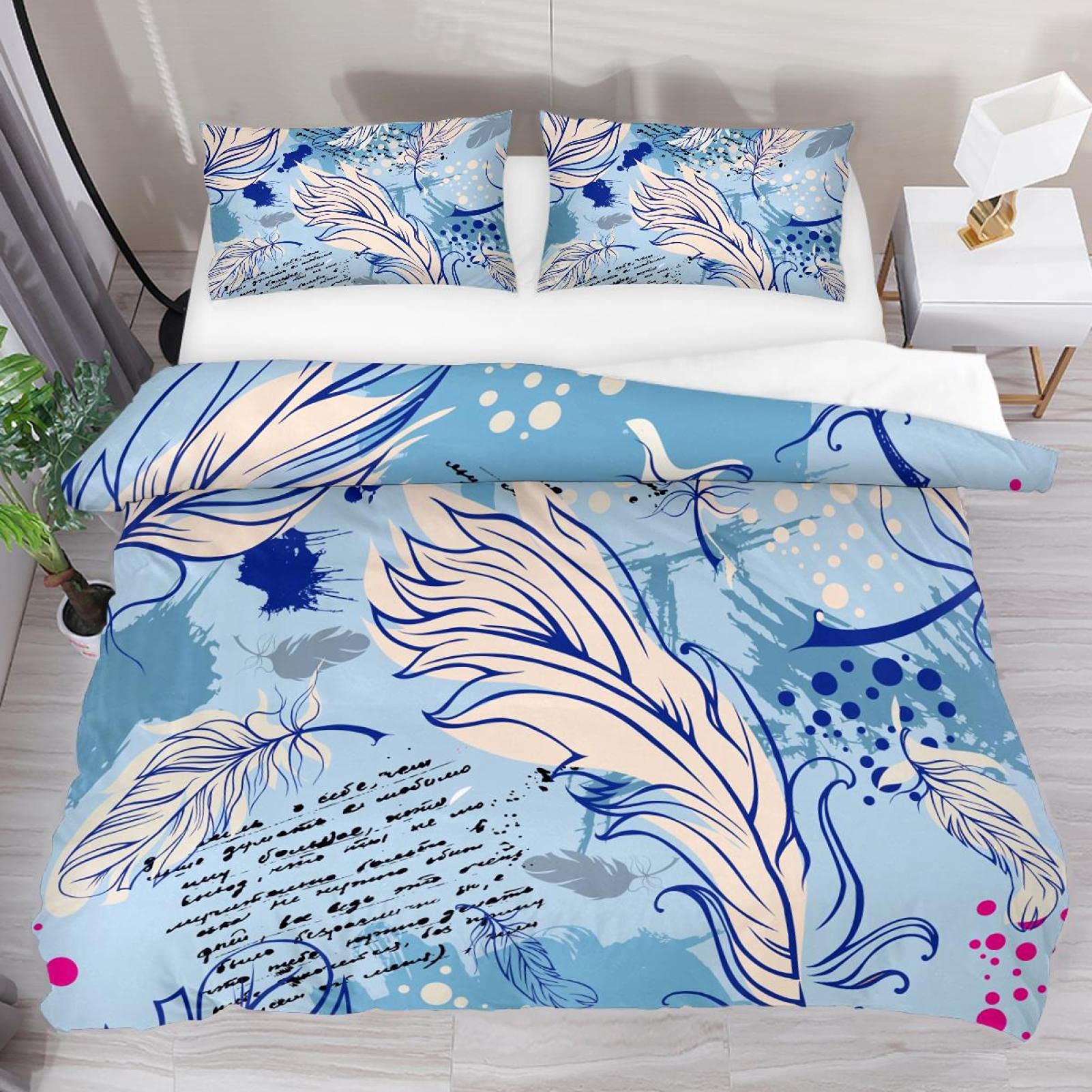 Esthetische veren blauwe achtergrond dekbedovertrekken zachte quilt beddengoed set met ritssluiting, gemakkelijk te onderhouden Tenel stof 3 stuks (1 dekbedovertrek 2 kussenslopen