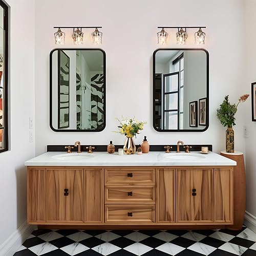 Miniatura 7 de KSANA Lámpara de tocador negra y latón, moderna lámpara de baño de oro negro con pantalla de vidrio texturizado de agua, iluminación de baño de 3