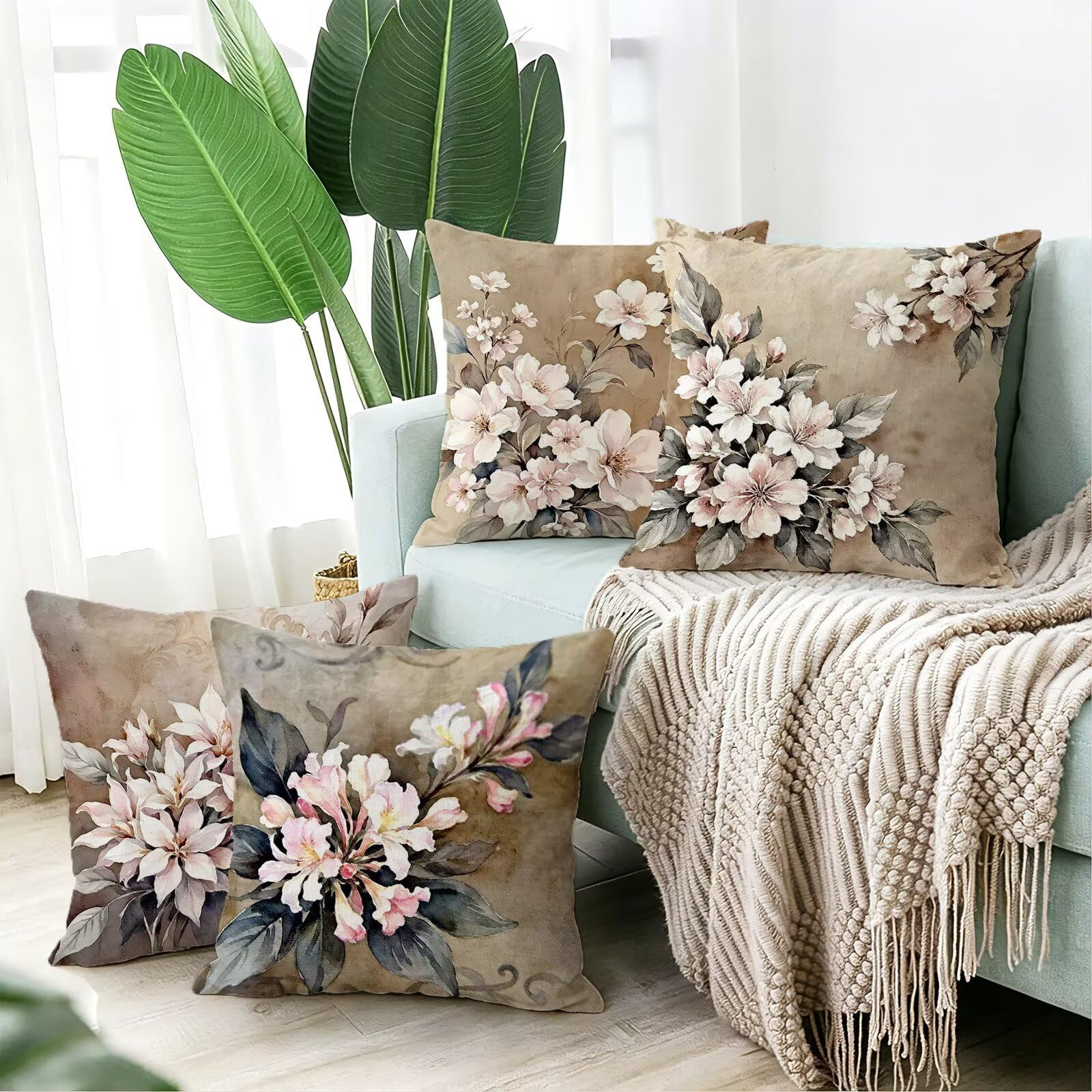 Rosa Federe Cuscini Divano 50x50cm, Cuscini da Esterno Set de 4, Cod-121 | Velour Copricuscini Decorativi Letto Arredo, per Letto, Soggiorno, Giardino, Esterno, Casa Decorazione Set di 4 Pianta
