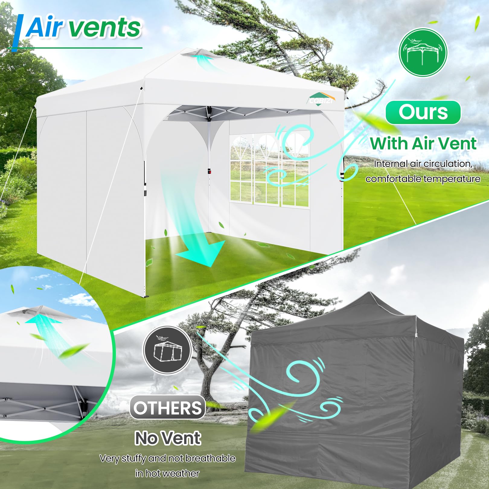 COBIZI Pavillon 3x3 Wasserdicht Stabil Winterfest Faltpavillon Gartenpavillon Partyzelt Pop Up Pavillon Klappbar UV Schutz 50+ Höhenverstellbar mit Entlüftung & 3 Stoffstücken&4 Sandsäcke，Weiß