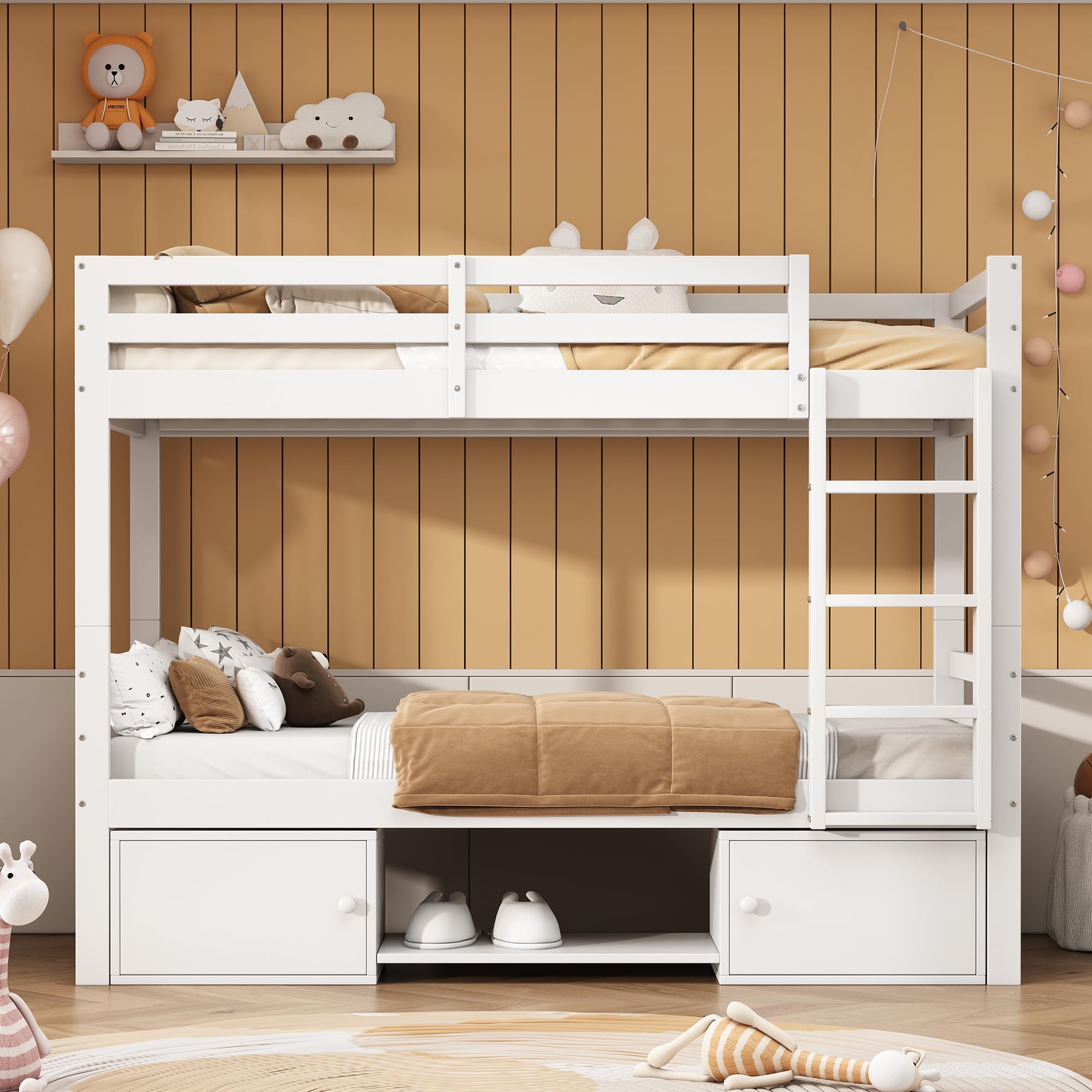 REXO Litera para niños de 90 x 200 cm, con zapatero y armarios, cama dividida en 2 camas individuales, cama individual, cama juvenil (blanco/con zapatero)
