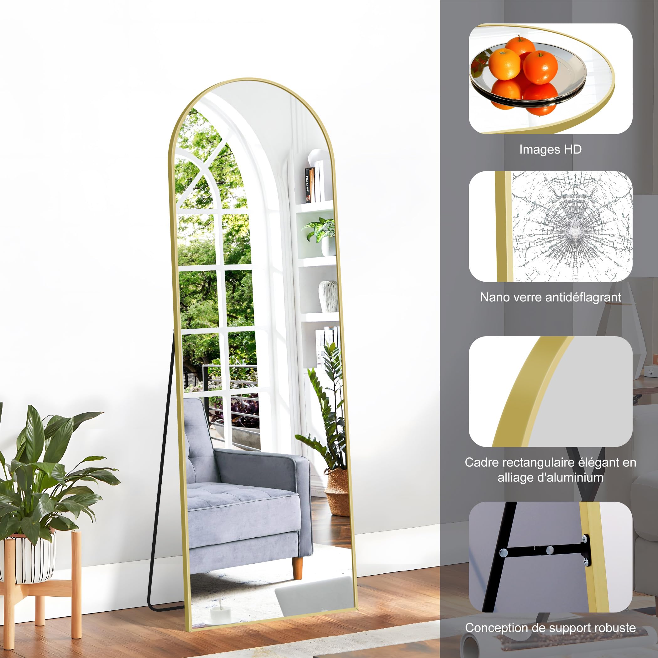 Miroir Arqué Pleine Longueur 150 x 40 cm, Pied Penché ou Suspendu, Cadre Métal Doré, Anti-déflagrante, Pour Salon Chambre