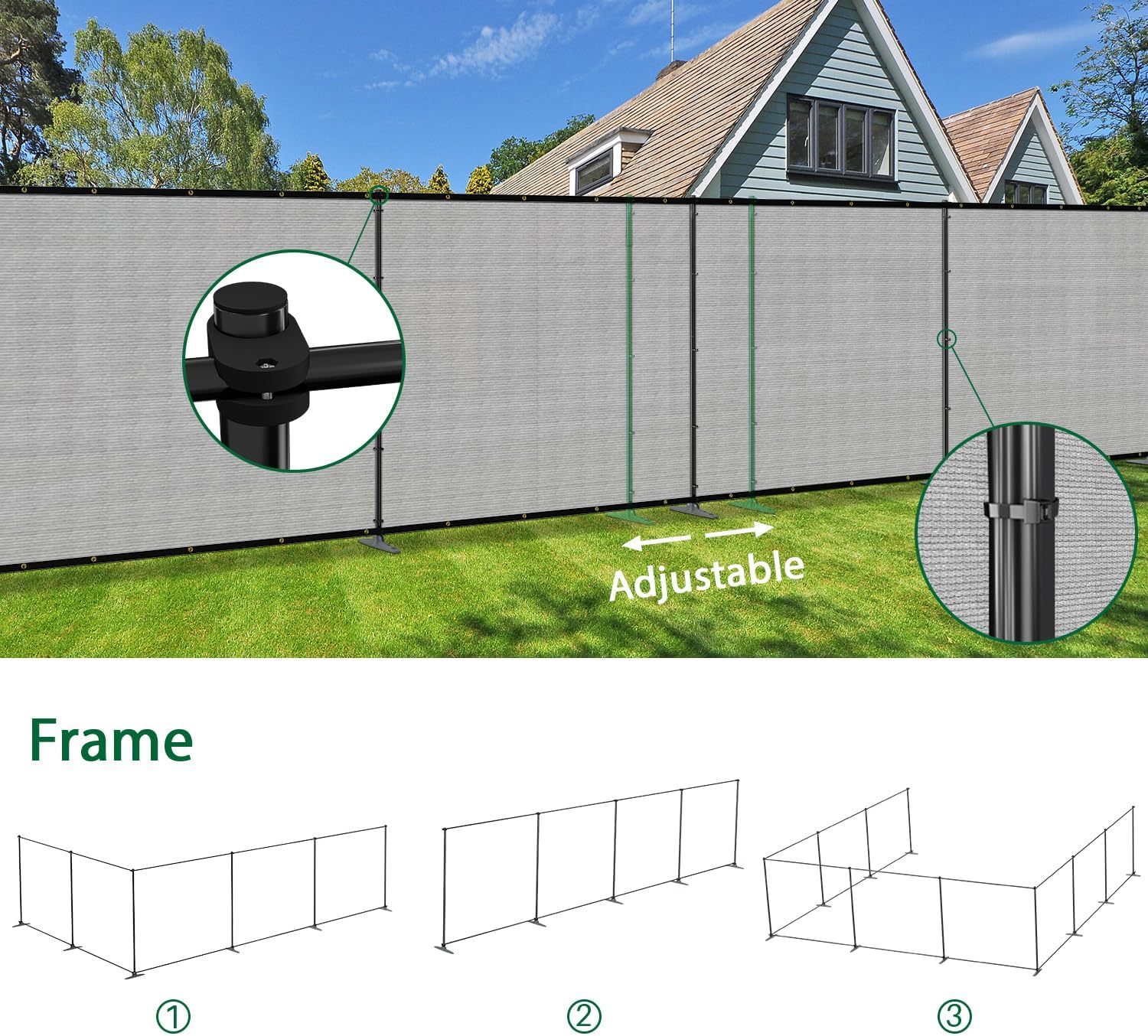5'Hx12'W Outdoor Freestanding Privacy Screen Fence Panels with Iron Poles, Mesh Shade Net Cover Temporary Fencing for Patio Backyard Garden Deck, Light Gray