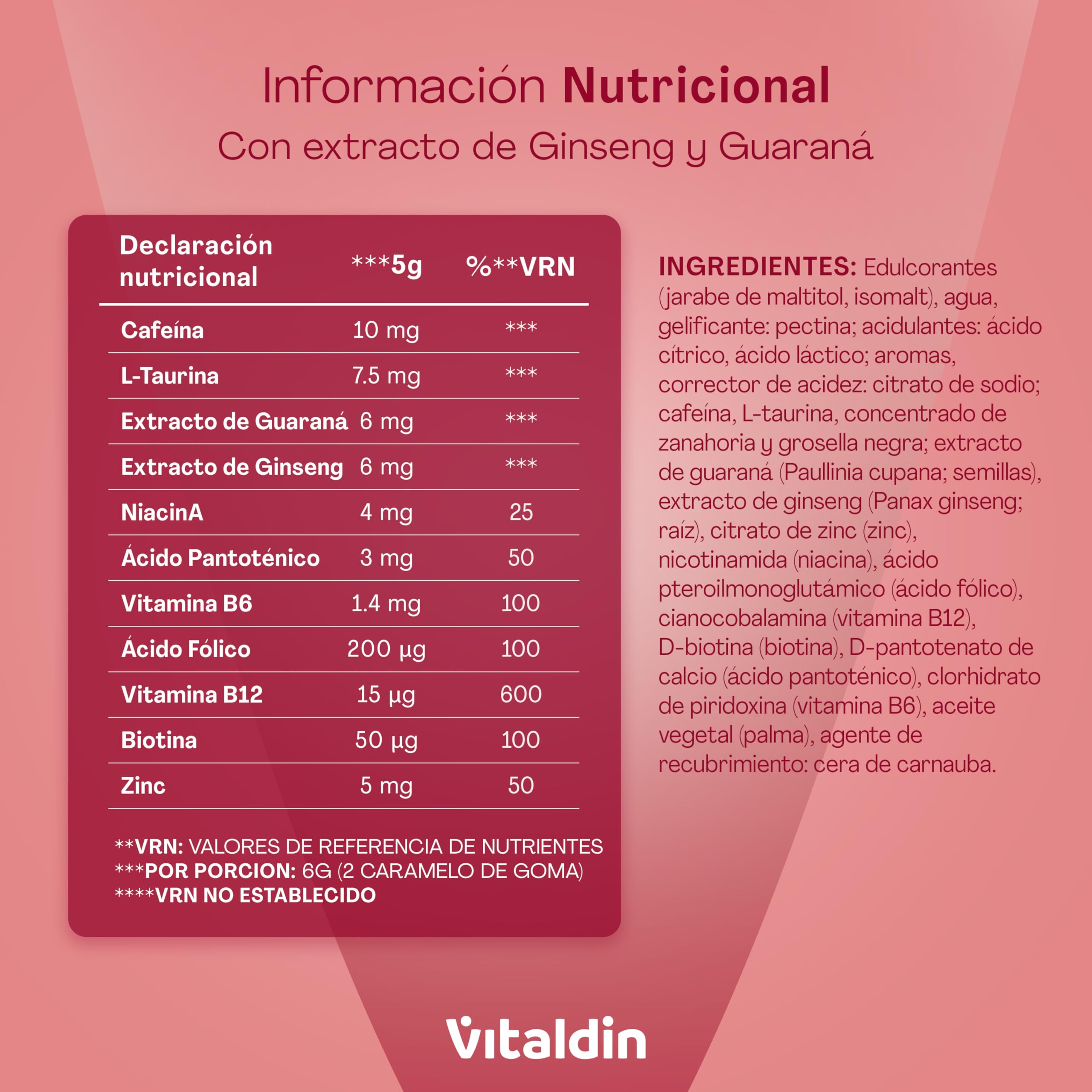 VITALDIN Energy Gummies –Gominolas Energéticas Veganas y Sin Azúcares añadidos–Con Ginseng,Guaraná,Cafeína,Taurina y Vitaminas B–Mejora la Concentración y Reduce la Fatiga–Sabor Cereza–70 gomas