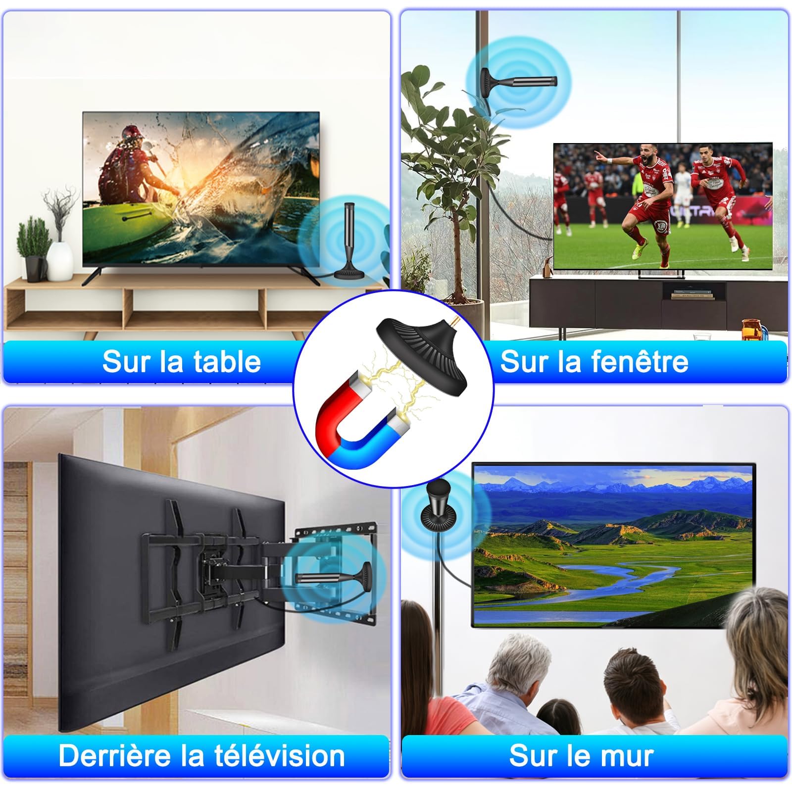Antenne TV Intérieur Puissante avec Base Magnétique et Amplificateur, Compatible 4K 1080P pour Toutes Les Chaînes Gratuites TNT, Câble Coaxial 5m (Black-410)