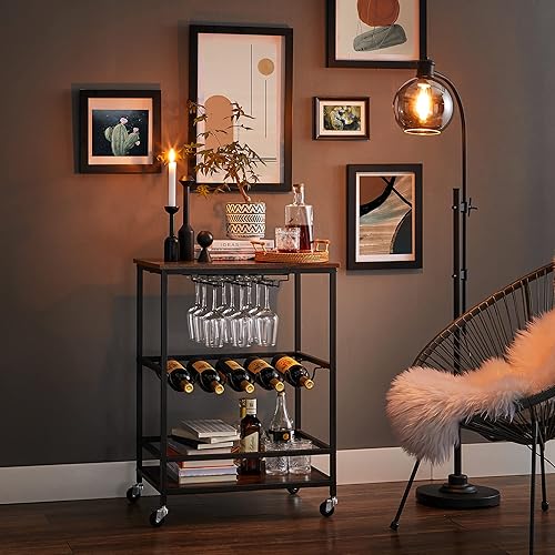 Miniatura 5 de VASAGLE Carrito de bar, carrito de servir con ruedas, estante de copas de vidrio y soportes para botellas de vino, 15.7 x 23.6 x 32.3 pulgadas,