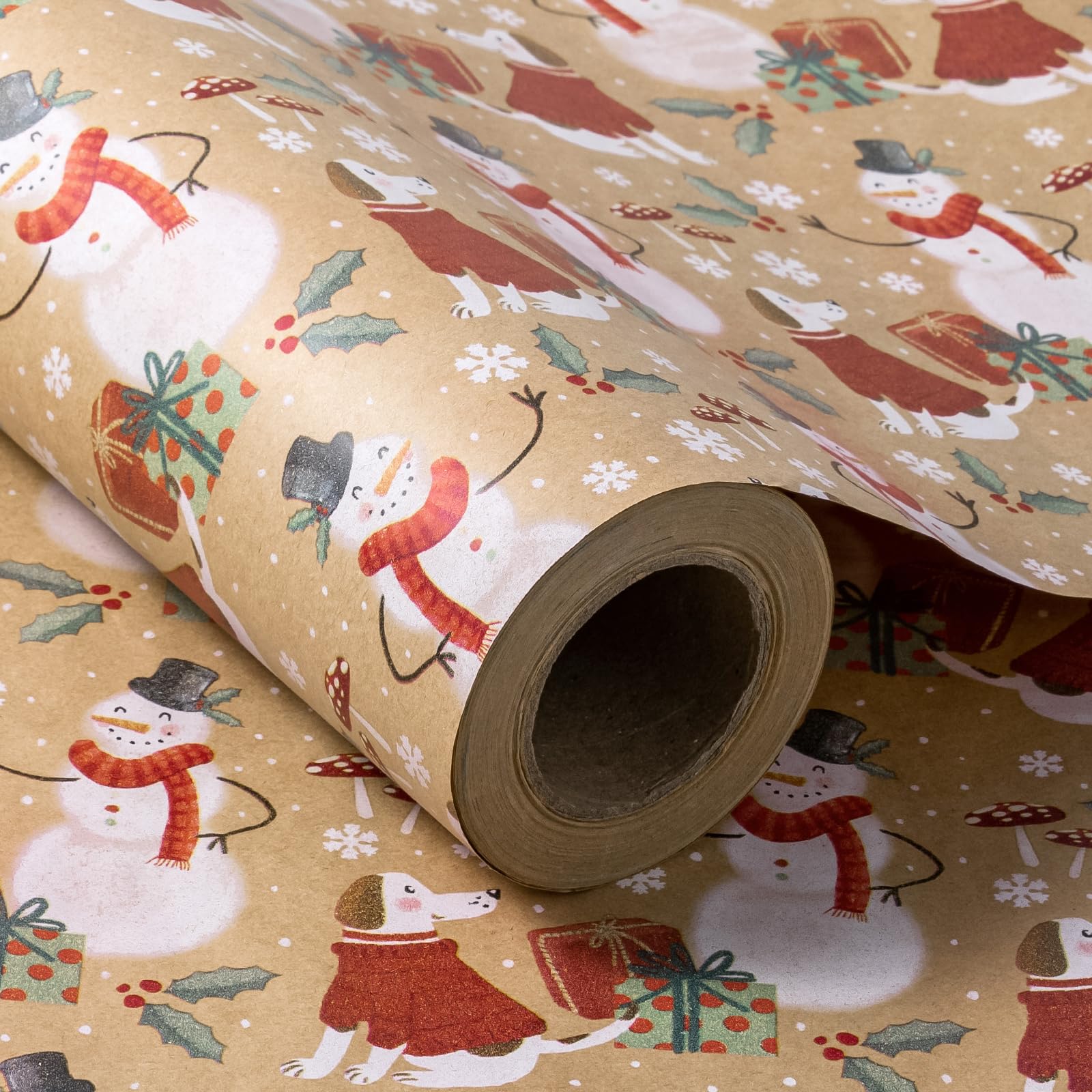 WRAPAHOLIC Geschenkpapier aus Kraftpapier, 76,2 cm x 30 m, Jumbo-Rolle, Weihnachtshund und Schneemann-Design