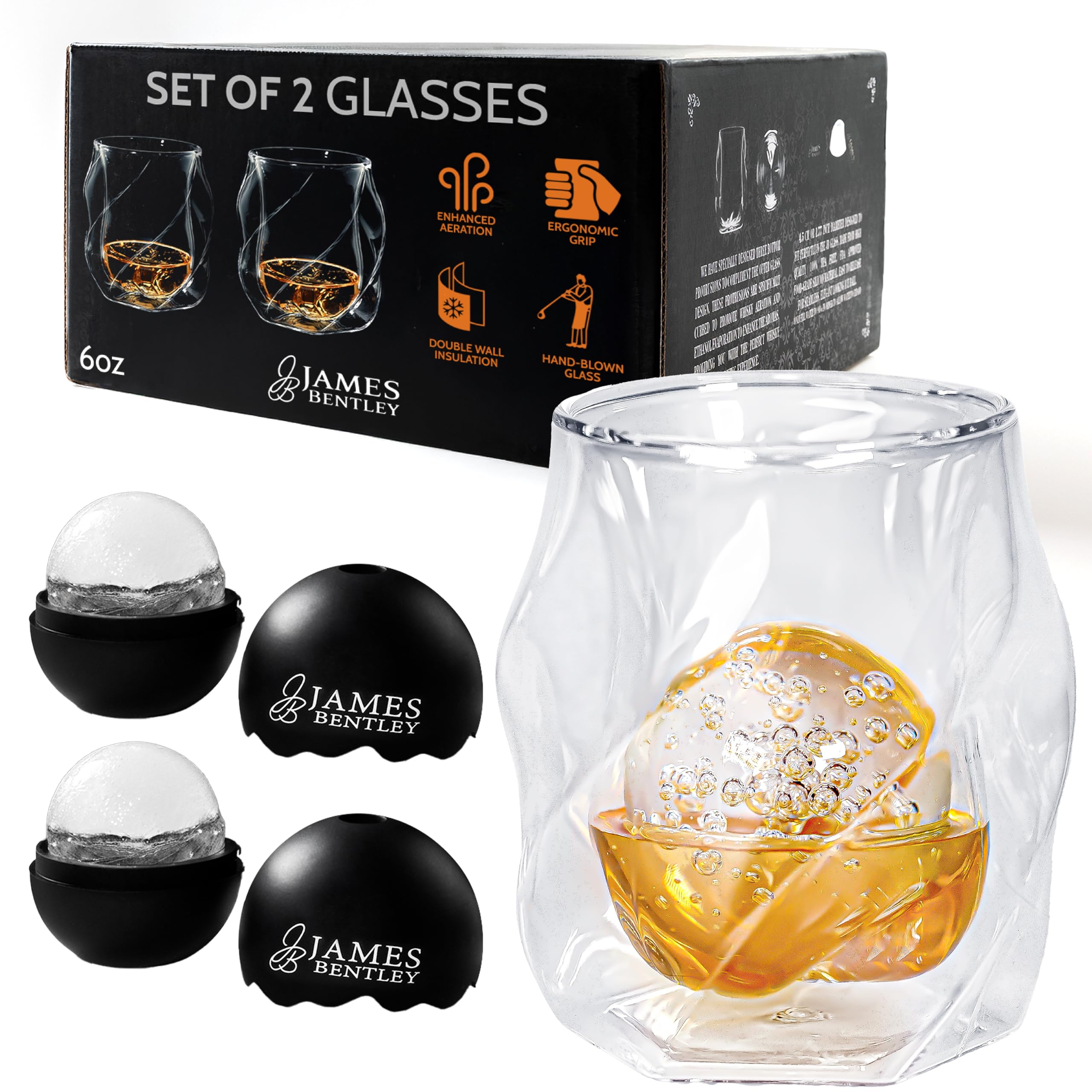 JAMES BENTLEY Glass JB Whiskey Glass – Elevate your Drinking Experience with our Whiskey Set of 2 Hand Blown, Double Wall Glass Tumbler (6oz) with 2X Ice Ball Mold - Whiskey Glasses for Men