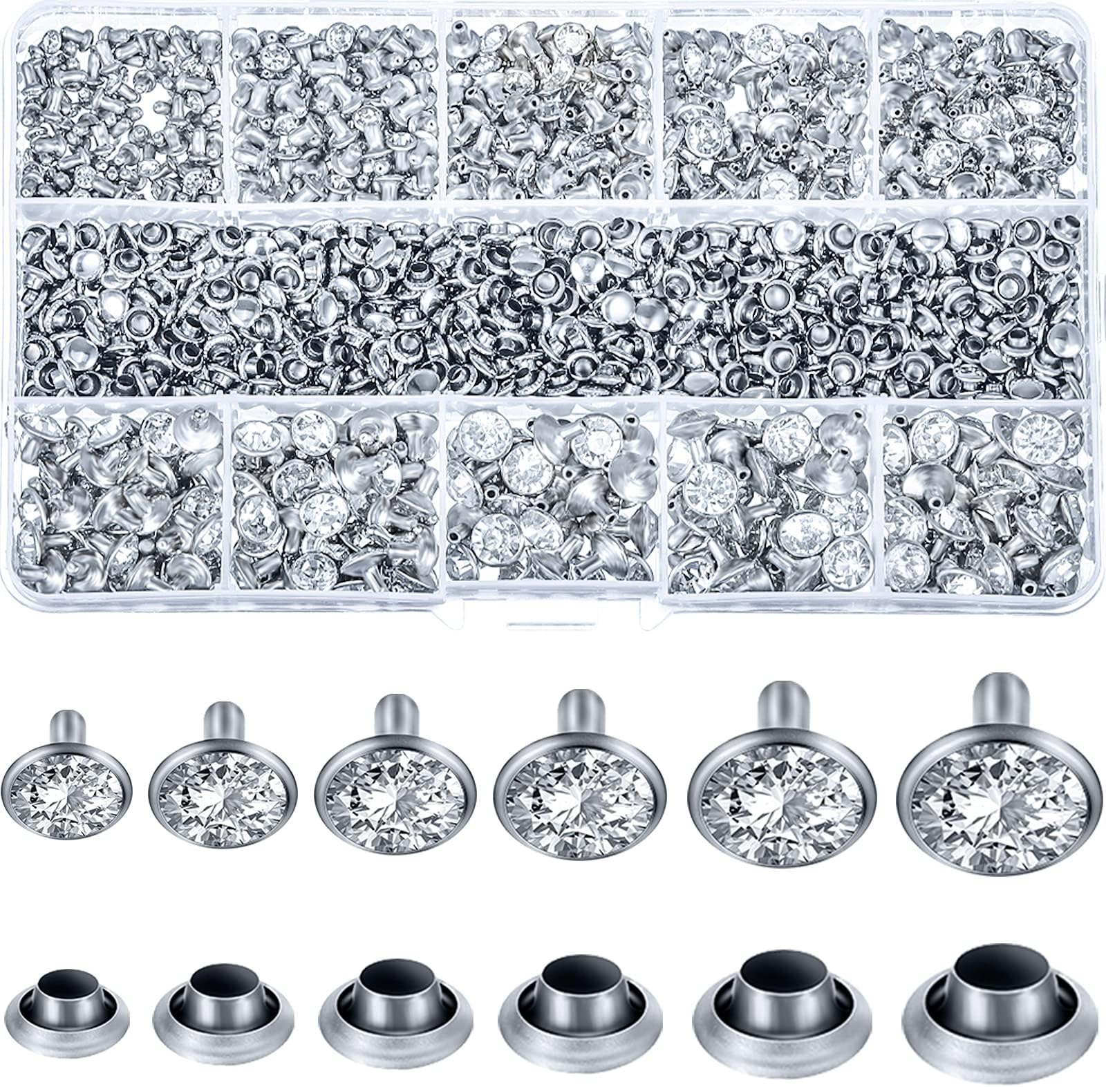 WILLBOND 600 Sets 6 Sizes White Clear Rhinestone Rivets Crystal Rivets Rapid Rhinestone Stud Silver Color Rivets Fit Punk Rock DIY for Clothing, Wedding, Performance, Arts and Crafts Decoration