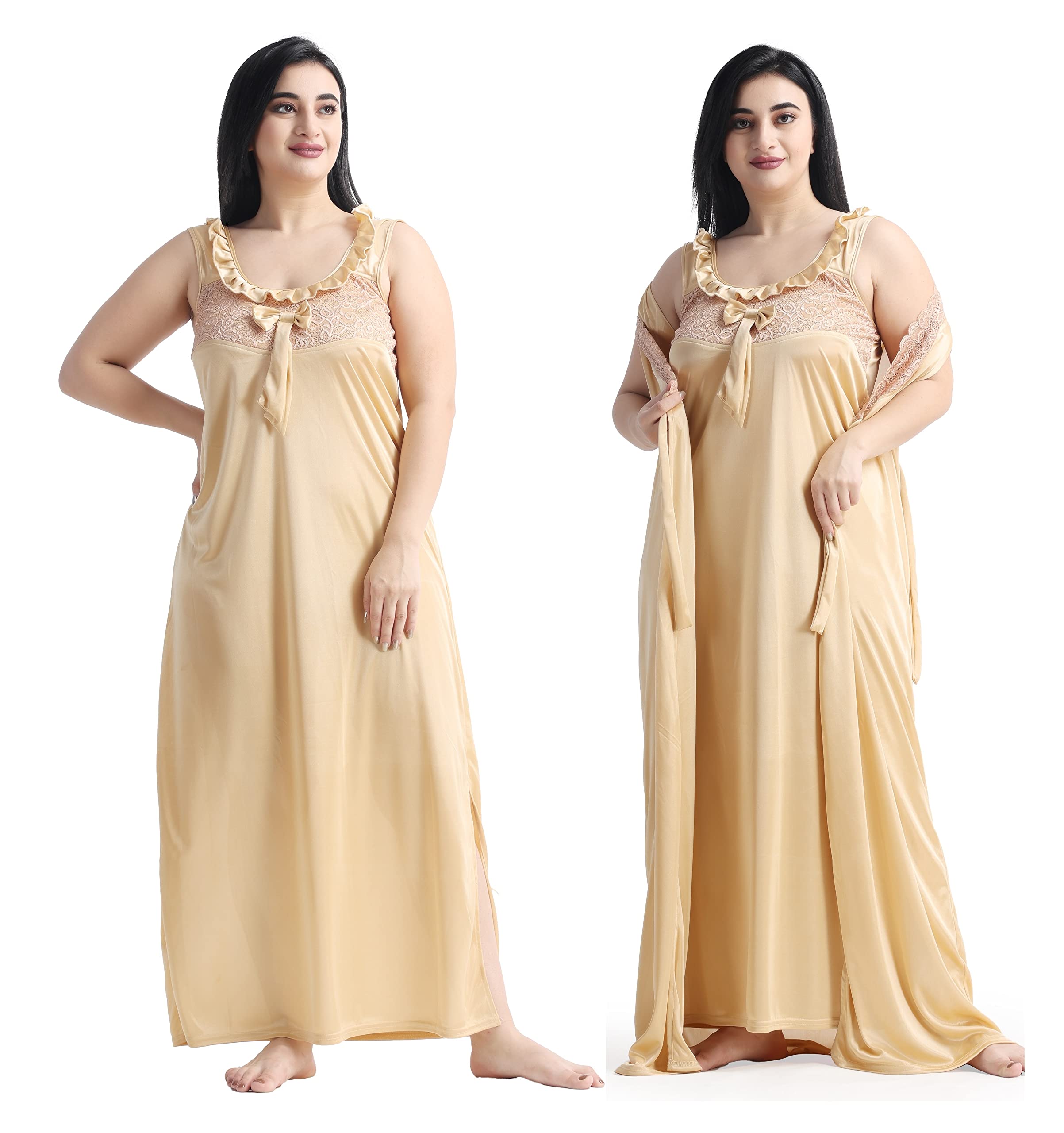 Night Keys Women Nighty with Robe Free Honeymoon Two Piecs Nighty Set (Free, Gold)