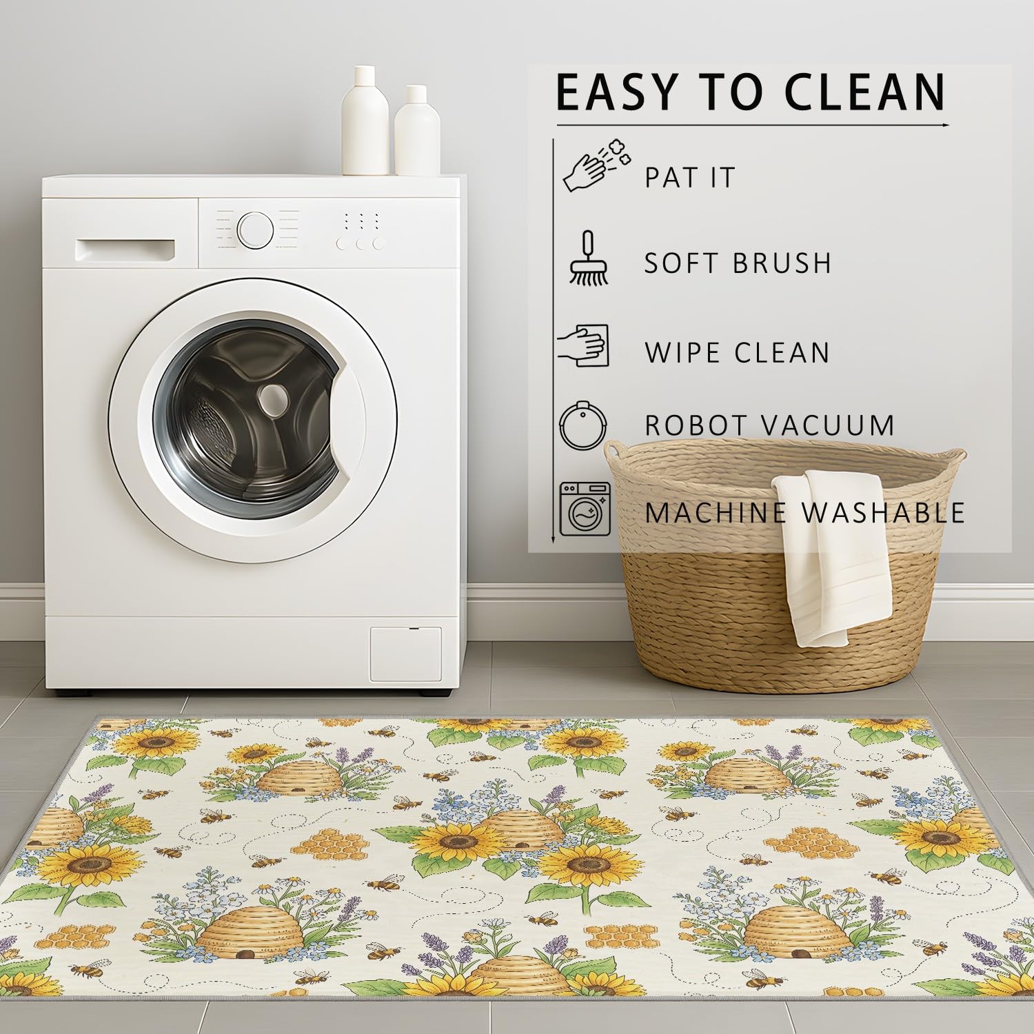 Generisch Waschbarer Wohnzimmerteppich, Landhaus Biene Niedriger Flor rutschfest Teppich, Landhaus Biene Sonnenblume Teppiche für Wohnzimmer Schlafzimmer Kinderzimer 80 x 120 cm Beige