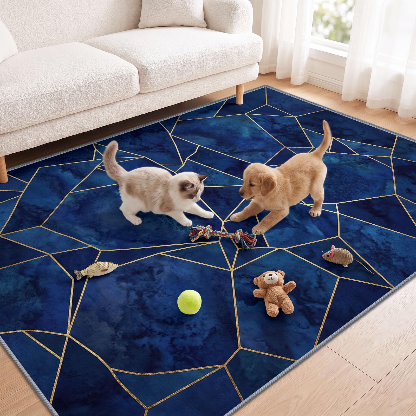 Style Marbre Tapis Salon 80x150cm, Lavable en Machine Antidérapant Grand Lignes Dorées Polygone Géométrique Bleu, Tapis Doux à Poil Ras pour Bureau, Chambre, Salle à Manger