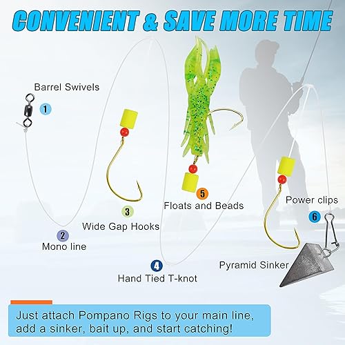 Miniatura 4 de Paquete de 6 aparejos de pesca de agua salada con flotadores de Snell, ganchos circulares, cuentas preaparejadas, aparejos de pesca de agua salada,
