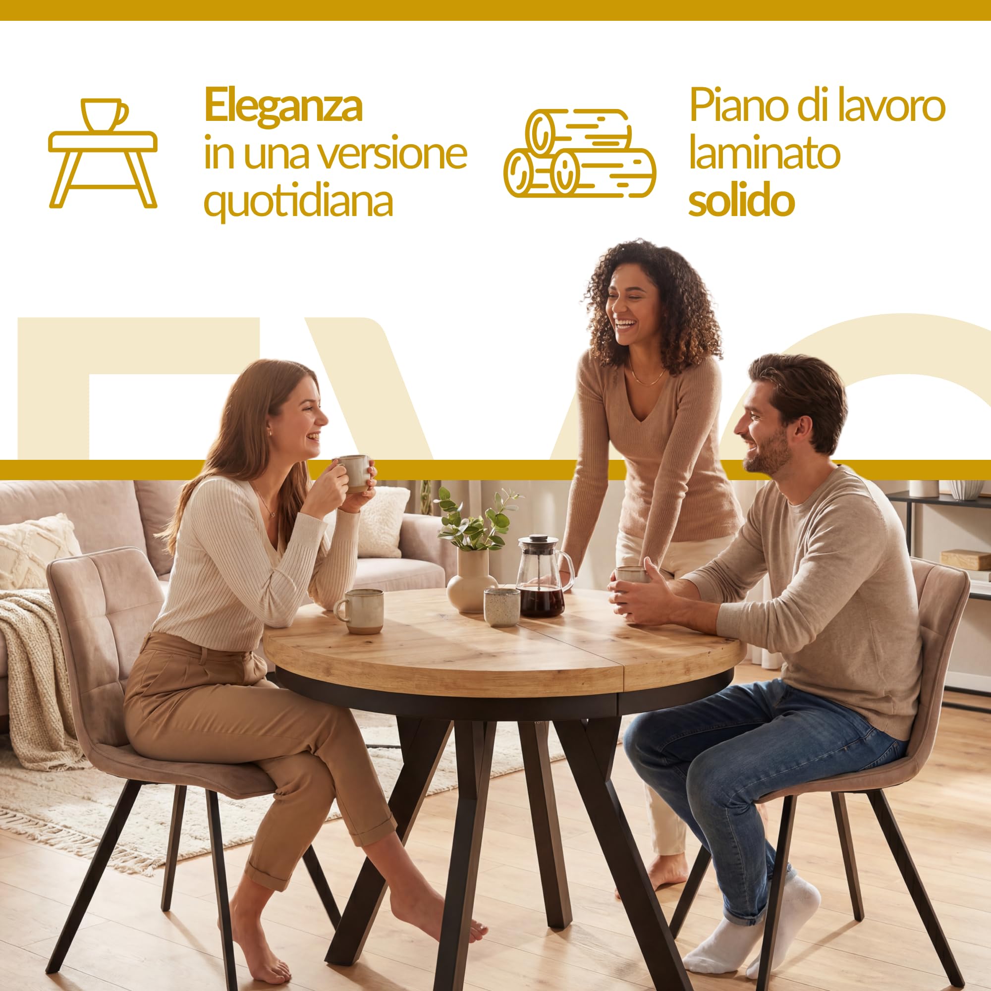 Tavolo Rotondo Allungabile EVO - Tavolo da Pranzo Allungabile - Piano in laminato da 36 mm - Gambe Solide - Diametro da 90 cm a 190 cm Lancelot