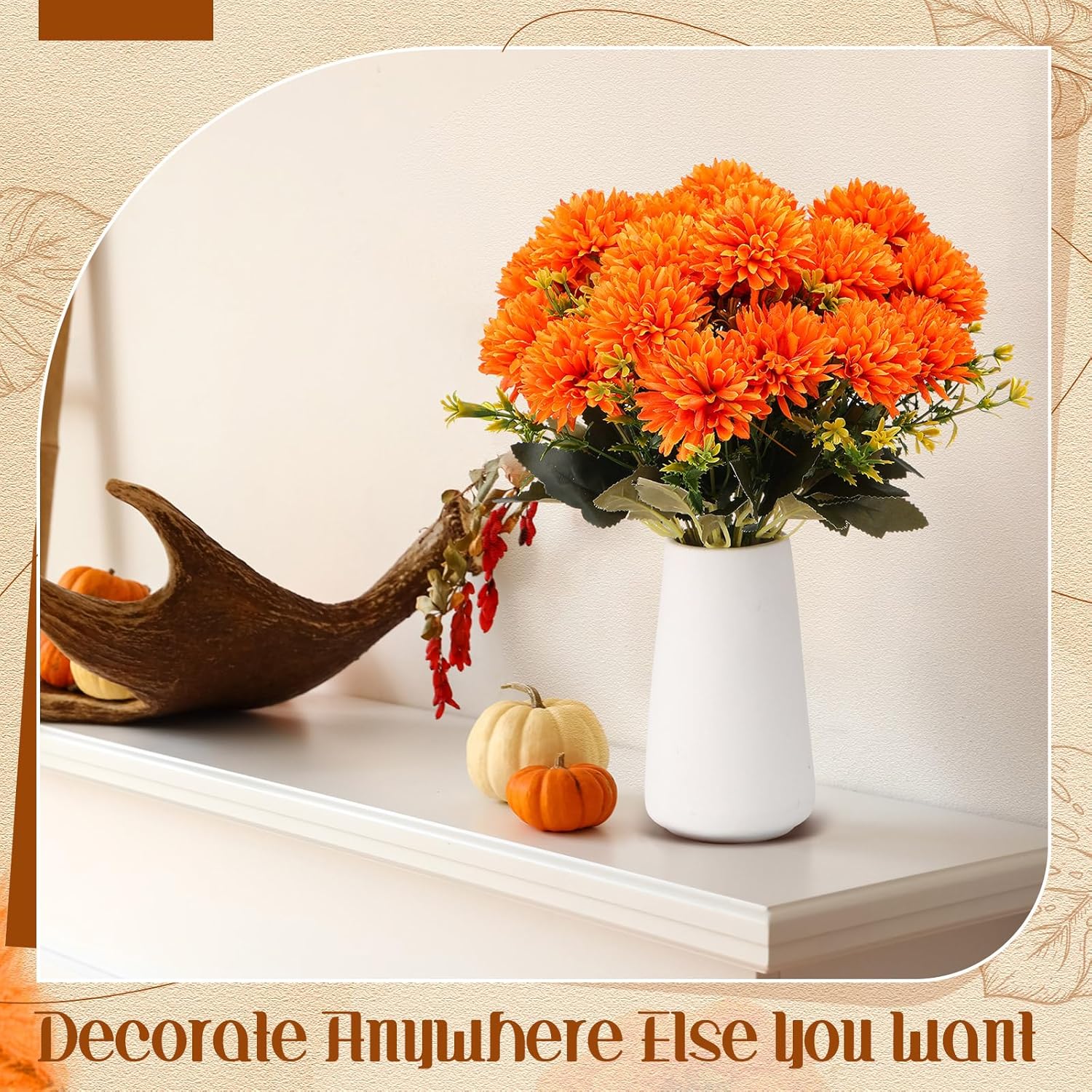 24 Heads Artificial Chrysanthemums Flowers Bouquets Silk Chrysanthemum Ball Fake Mum Artificial Mums for Outdoors Faux Silk Ball Flower for Home Table Centerpieces Decor (Orange) - Image 3