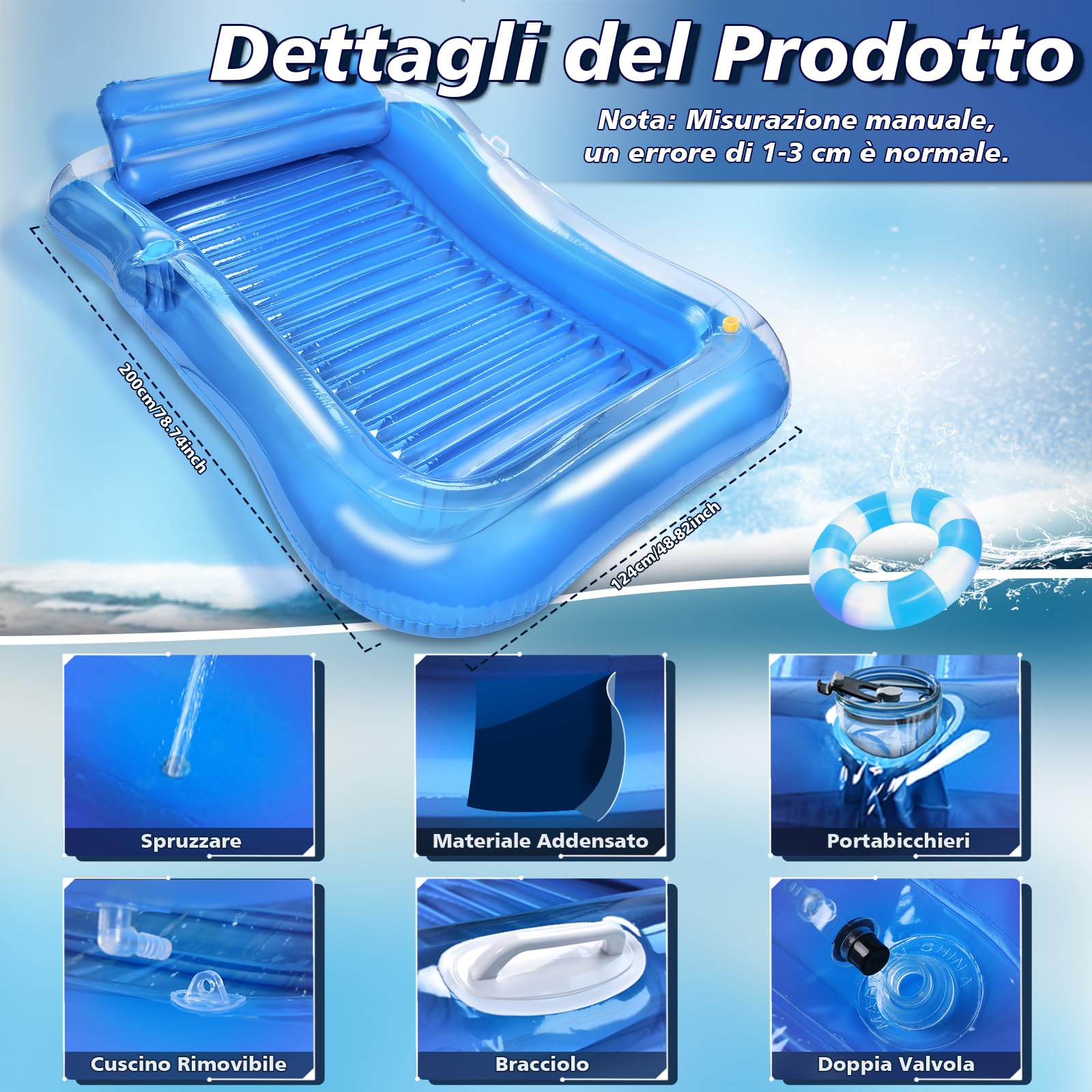 JONRRYIN Materassino Gonfiabile Mare Adulti, Amaca Galleggiante Relax, Tanning Pool Sdraio con Poggiatesta Integrato, Letto Acqua Comfort 200 × 124 cm per Spiaggia Lago Feste Estive Vacanze