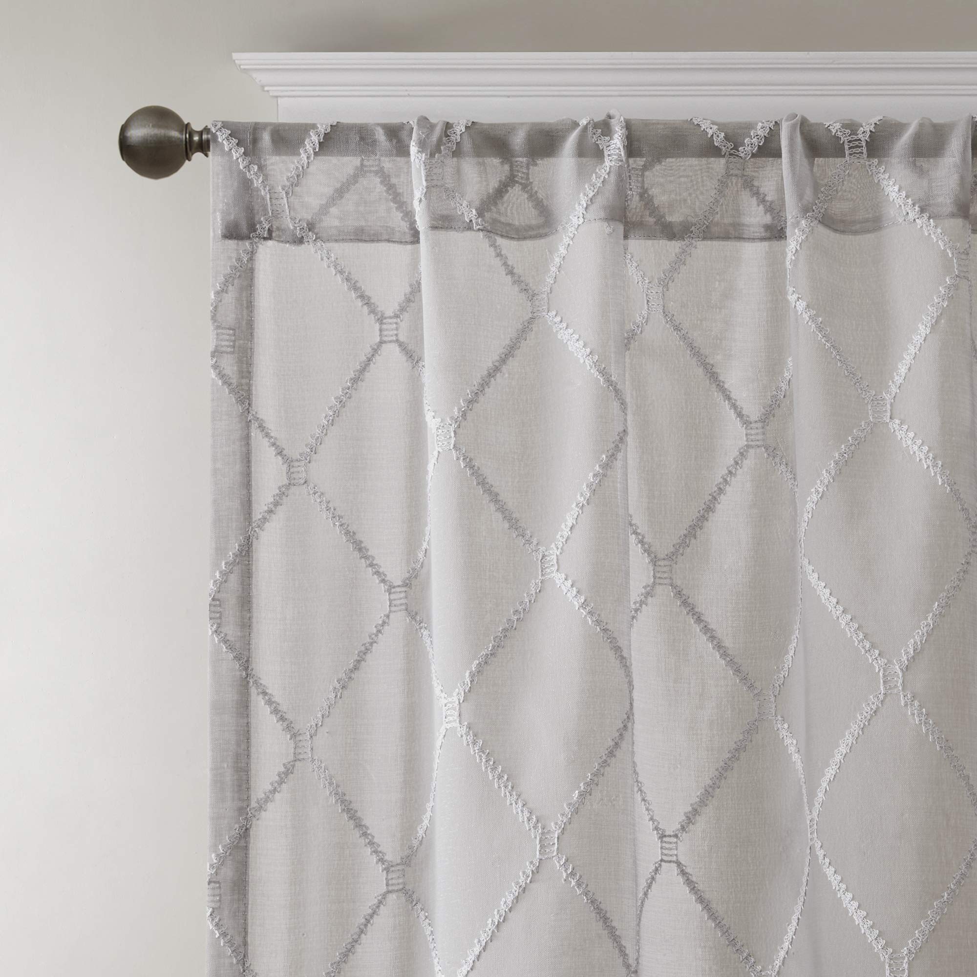 Madison Park Embroidered Kitchen, Transitional Fabric Sheers Single Curtain for Living Room 1-Panel Pack, Polyester, Grey - Image 3