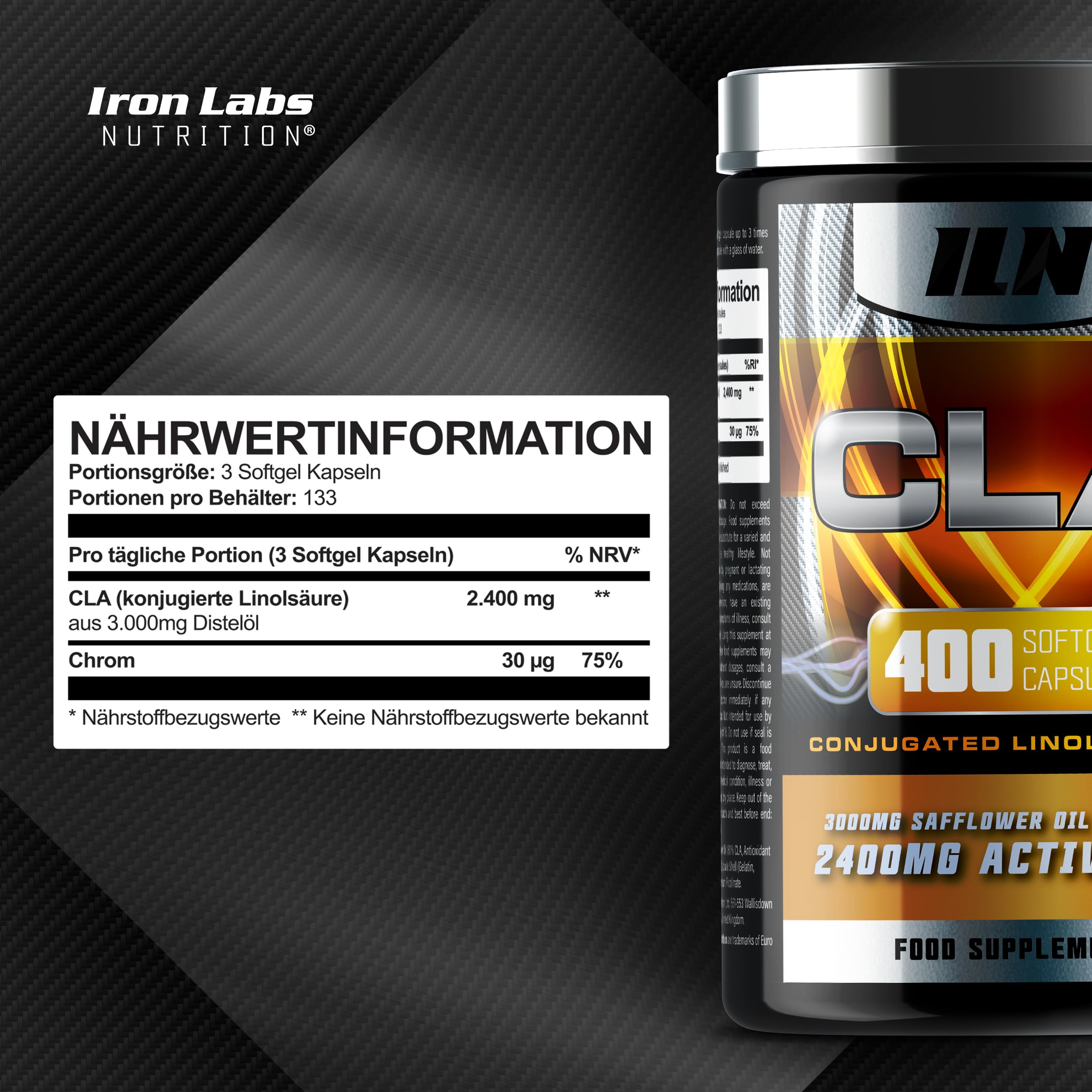 CLA Kapseln - Supersize (400 Kapseln) - 2400mg CLA x 133 Portionen (aus 3000 mg Saflor Distelöl) - konjugierte Linolsäuren – sowohl für Männer als auch Frauen geeignet (400 Softgel Kapseln)