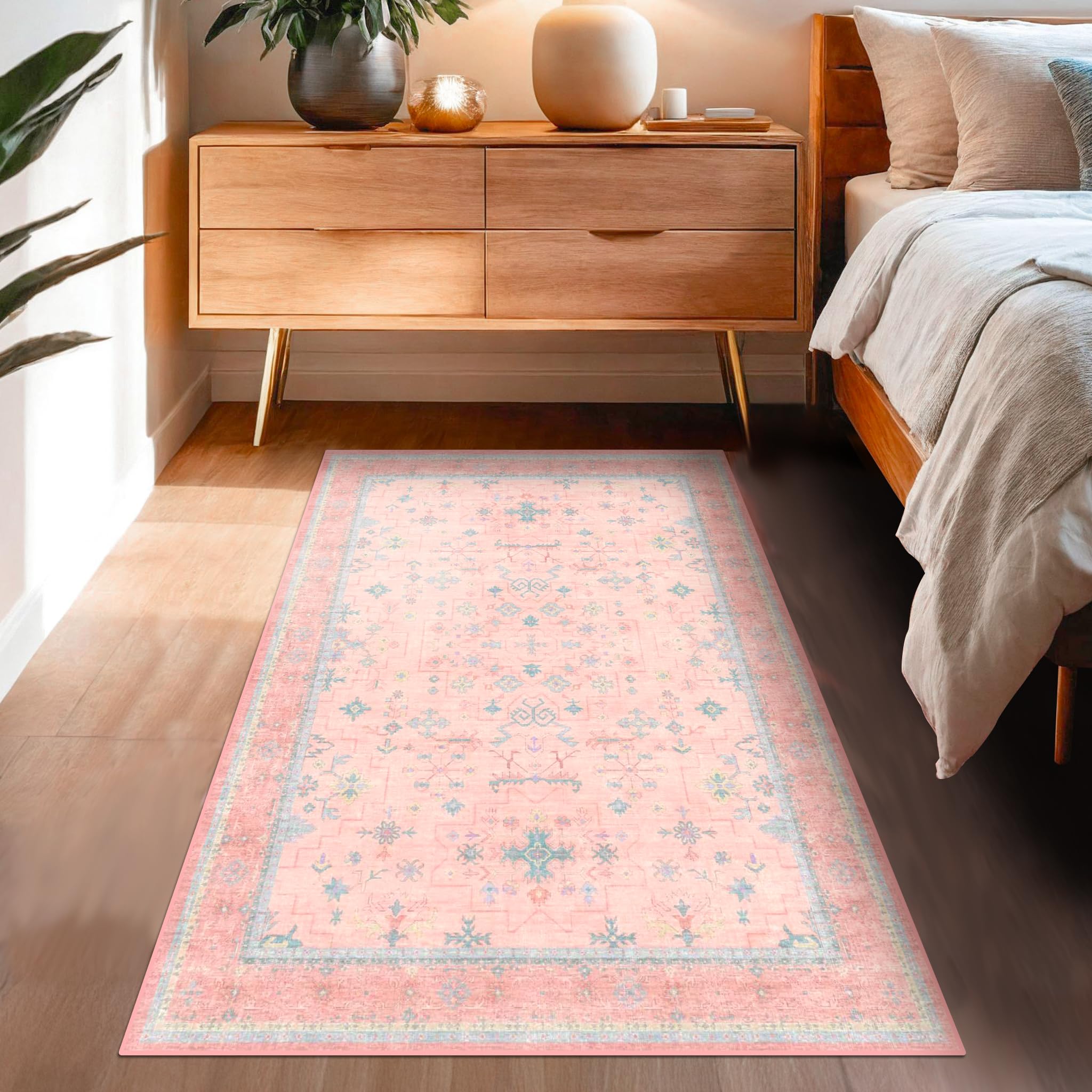 Hazo Haus Alfombra de área para cuarto de bebé, 4 x 6 pies, color rosa, para dormitorio de niñas, lavable, de pelo bajo, para sala de estar, diseño bohemio encantador, alfombra antideslizante perfecta