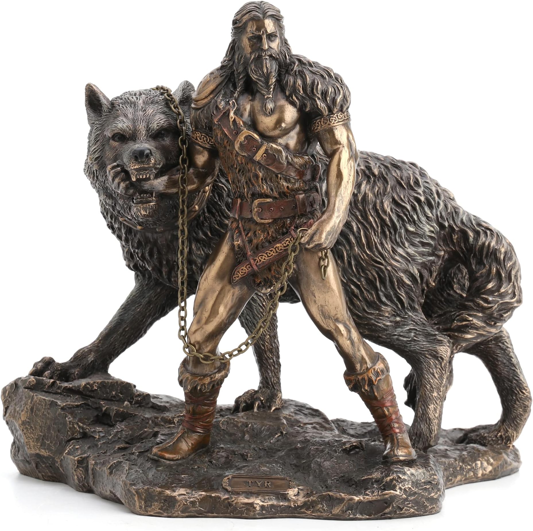 Norse God of Combat and Victory Tyr The Binding Fenrir Wolf Bronze Finish Statue - 9 Inches High Impressive Detail Hand Painted Accents