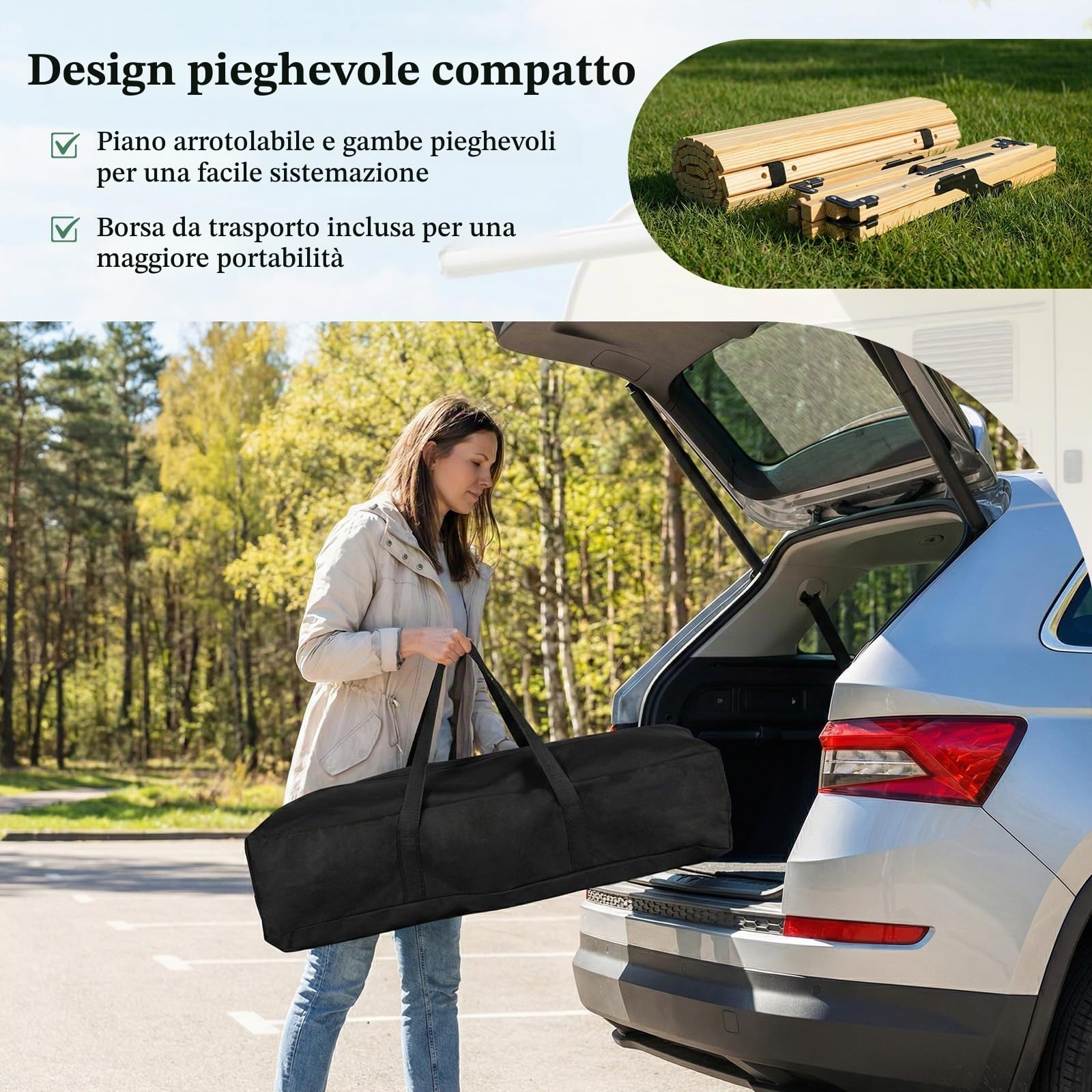 SOARS Tavolo da Campeggio Pieghevole 4-6 Posti, Tavolino Picnic con Piano Arrotolabile in Legno, Tavolo da Esterno Salvaspazio, con Borsa Trasporto, da Giardino, BBQ, Parco, 122 x 60 cm (Naturale)