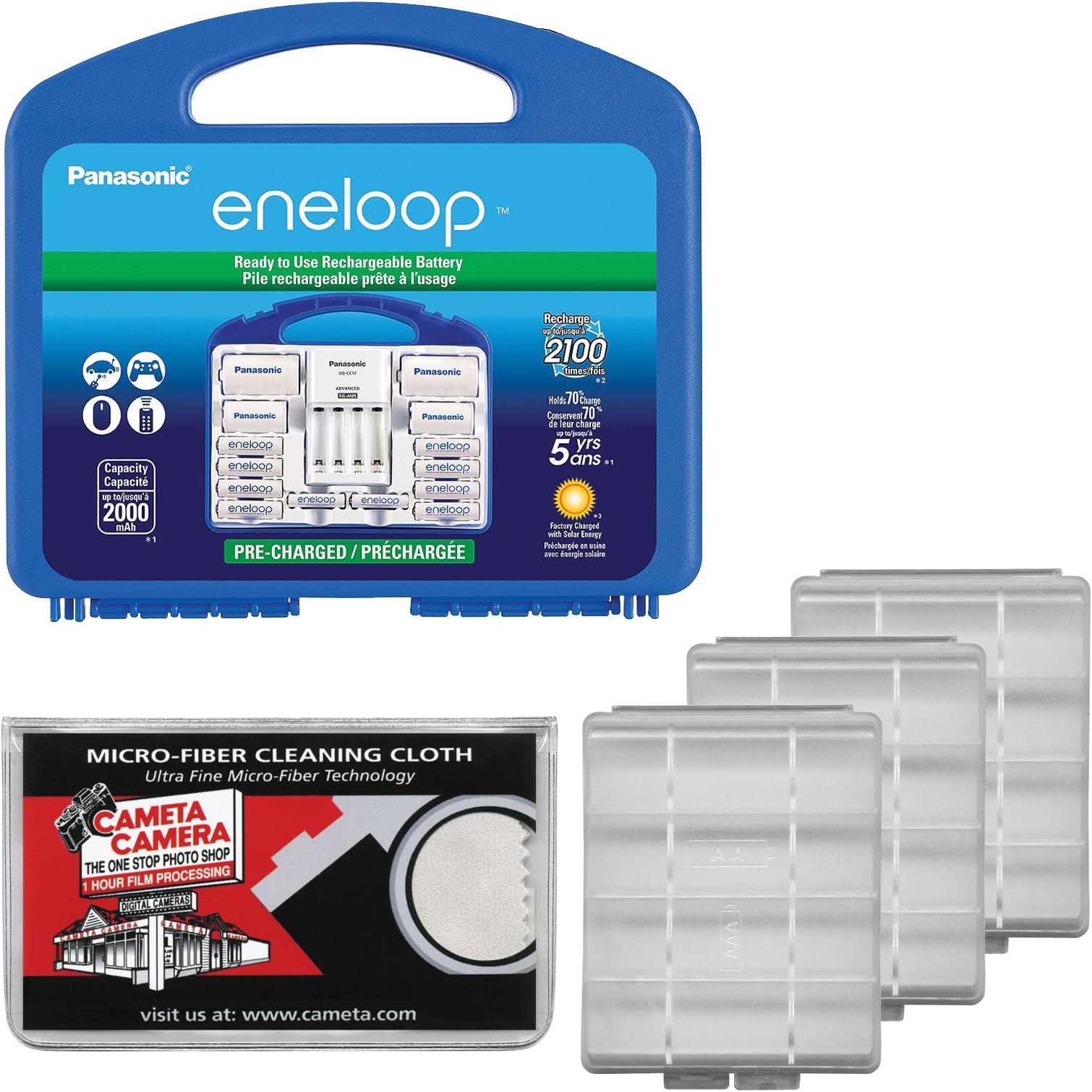Panasonic eneloop Power Pack Set with 8 AA, 2 AAA Rechargeable Batteries, Charger & Case with (3) AA/AAA Battery Cases + Microfiber Cleaning Cloth
