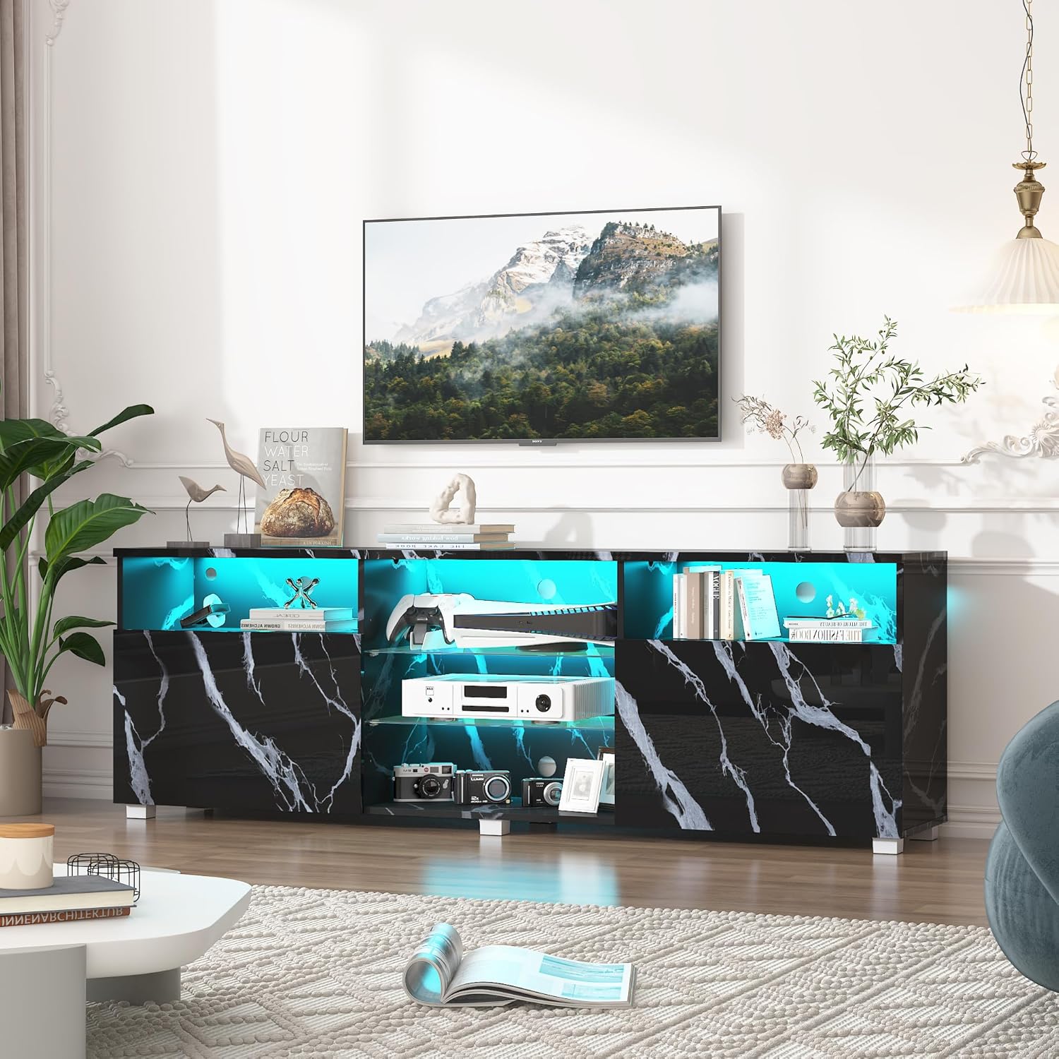 70" Large LED TV Stand for 65/70/75Inch TV, High Glossy White TV Stand for Living Room,Modern Gaming TV Entertainment Center with Adjustable Storage Shelf,TV Console(Black Marble)