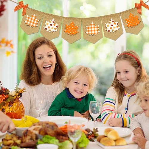 Miniatura 5 de Whaline Cartel de otoño de hoja de arce, pancarta de arpillera de hojas de punto a cuadros naranjas, guirnalda de banderines de hojas de lunares