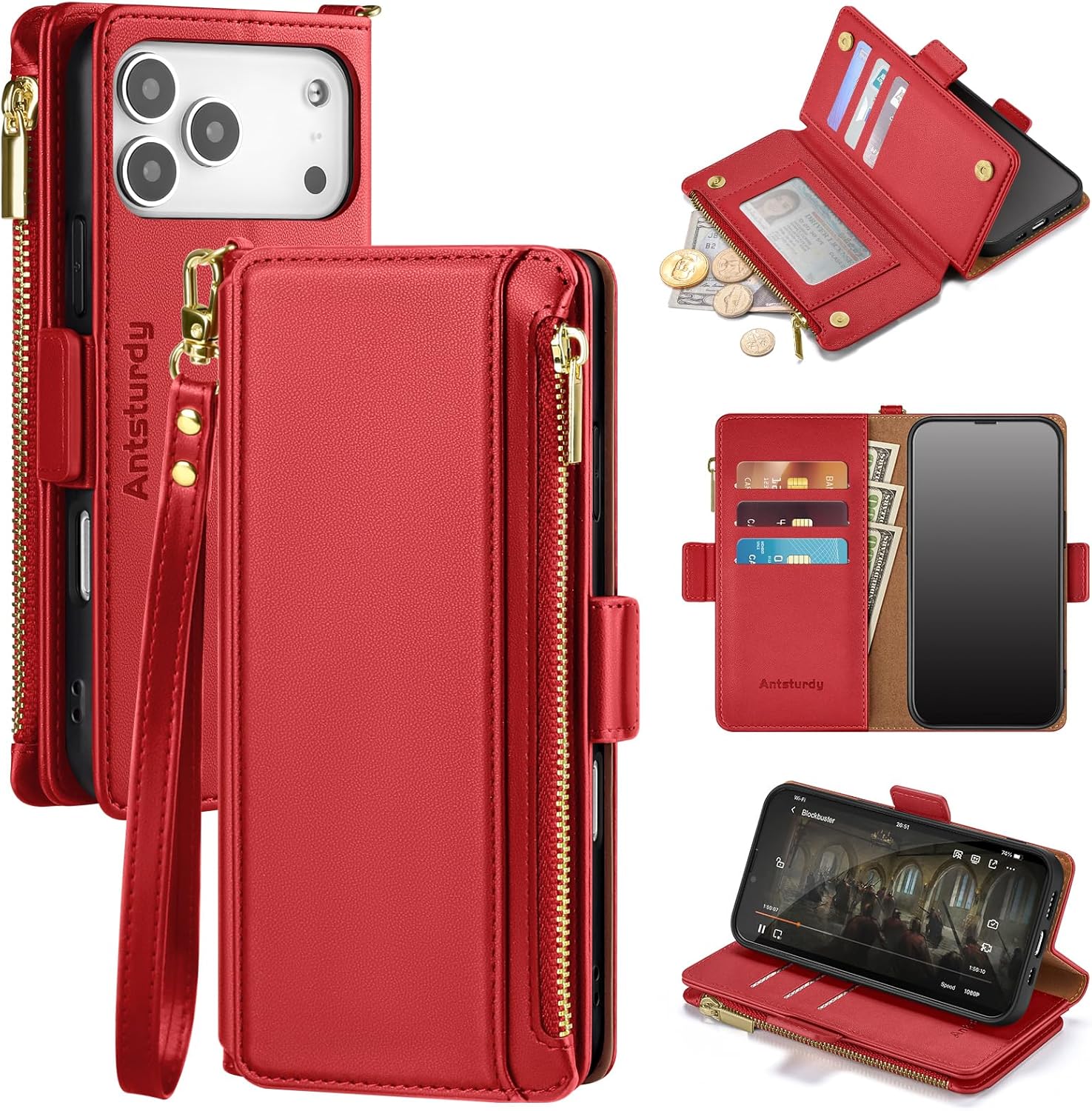 Antsturdy Compatible with iPhone 17 Pro Wallet Case Women,RFID Blocking PU Leather Phone Case Men Kickstand Flip Cover Wrist Strap Zipper Credit Card Holder Slots for Apple 17 Pro 6.3",Red