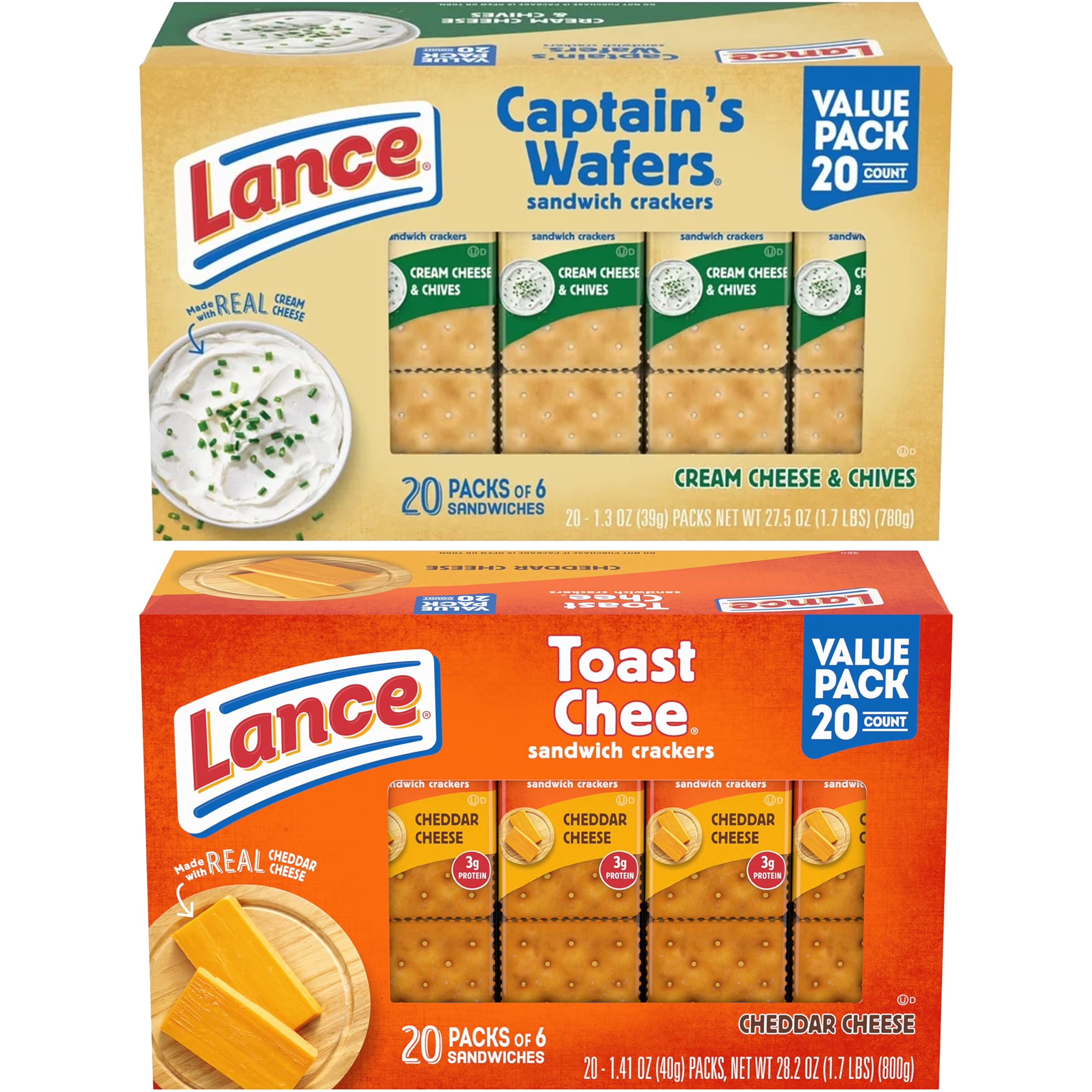 Lance Captain's Wafers, Cream Cheese and Chives, Lance Toastchee Cheddar Cheese, Peanut Butter Cookies, Snack Crackers, Lance Peanut Butter Crackers for a total of 40 units