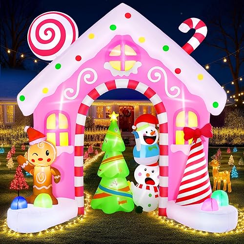 10Ft Christmas Gingerbread Inflatable Archway Outdoor Decoration, Pink Christmas Inflatables with Built-in Colorful LEDs Xmas Blow Up Archway Decor with Gingerbread Man & Candy for Indoor Outdoor Yard - Christmas Gingerbread Arch