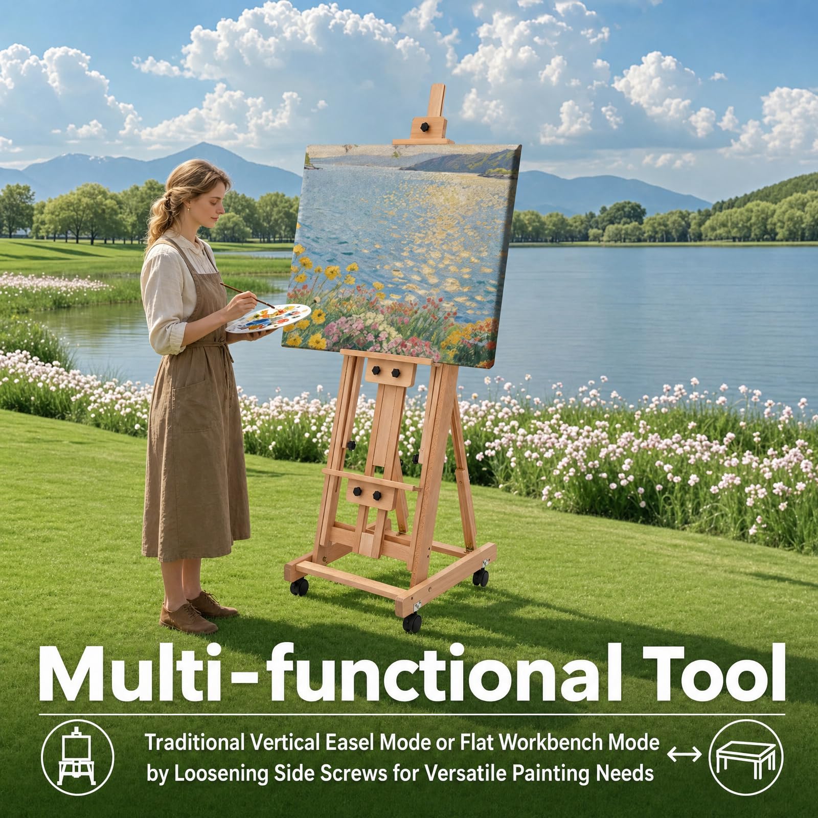 Chevalet professionnel en bois avec 4 roues, hauteur 143-232 cm