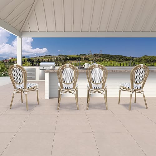 PURPLE LEAF Patio Dining Chair Set of 4 Outdoor French Aluminium Frame in Champagne Finish with Sky Blue & White Woven Rattan for Indoor Kitchen Deck Bistros Cafe Restaurant