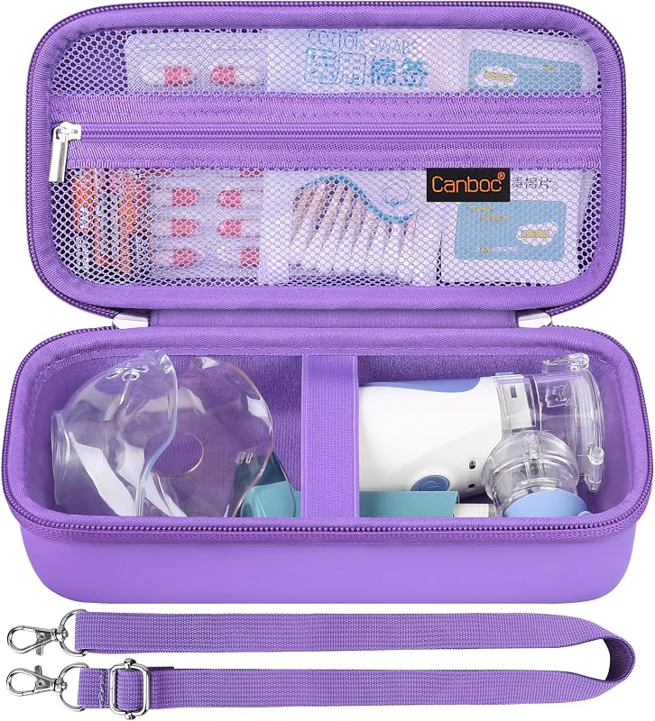 Canboc Estuche de viaje para nebulizador portátil, nebulizador de mano para adultos | Bolsa de malla para nebulizador con correa para hombro extraíble, bolsillo de malla para medicamentos o elementos esenciales, color morado (solo estuche)